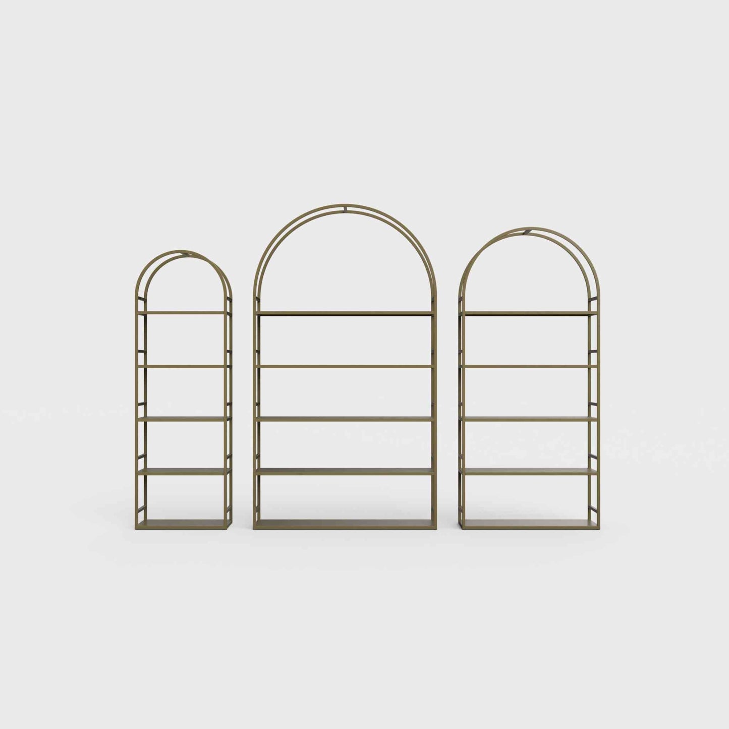 Arched bookcase Arkada, available in Switzerland through ÉTAUDORÉ, made from highest quality powdered coated steel in brown olive color