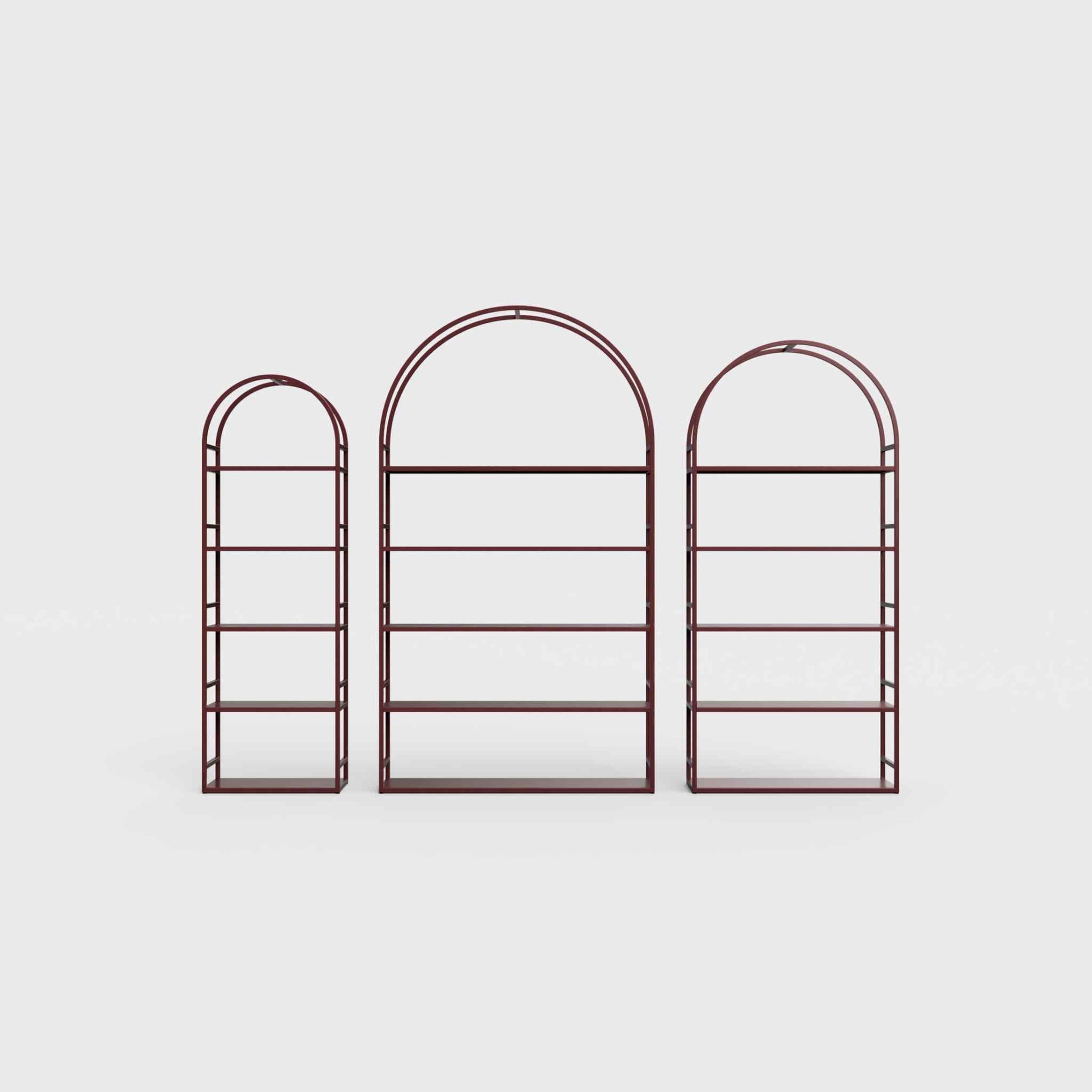 Arched bookcase Arkada, available in Switzerland through ÉTAUDORÉ, made from highest quality powdered coated steel in burgundy color