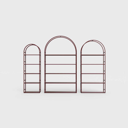 Arched bookcase Arkada, available in Switzerland through ÉTAUDORÉ, made from highest quality powdered coated steel in burgundy color