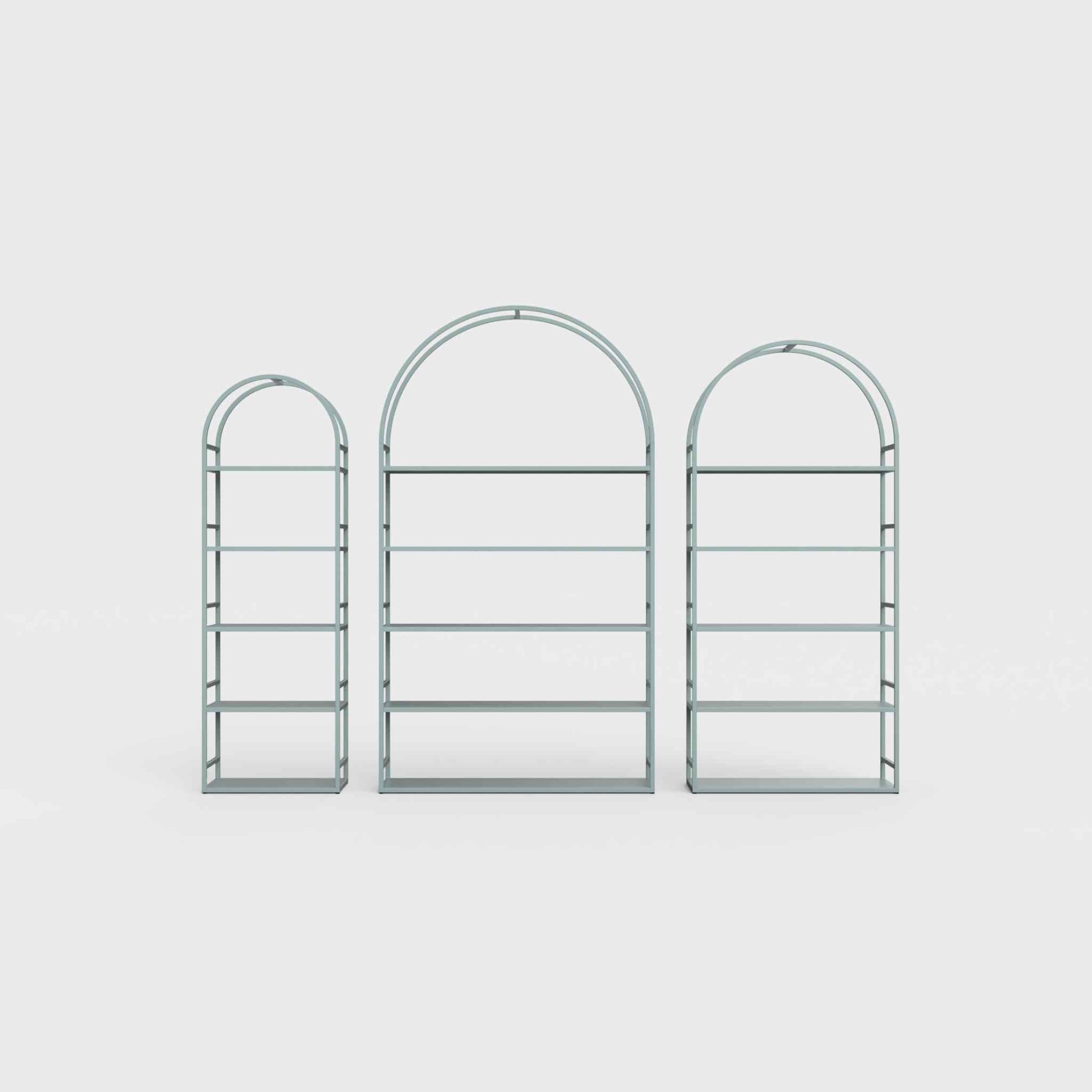 Arched bookcase Arkada, available in Switzerland through ÉTAUDORÉ, made from highest quality powdered coated steel in celadon green color