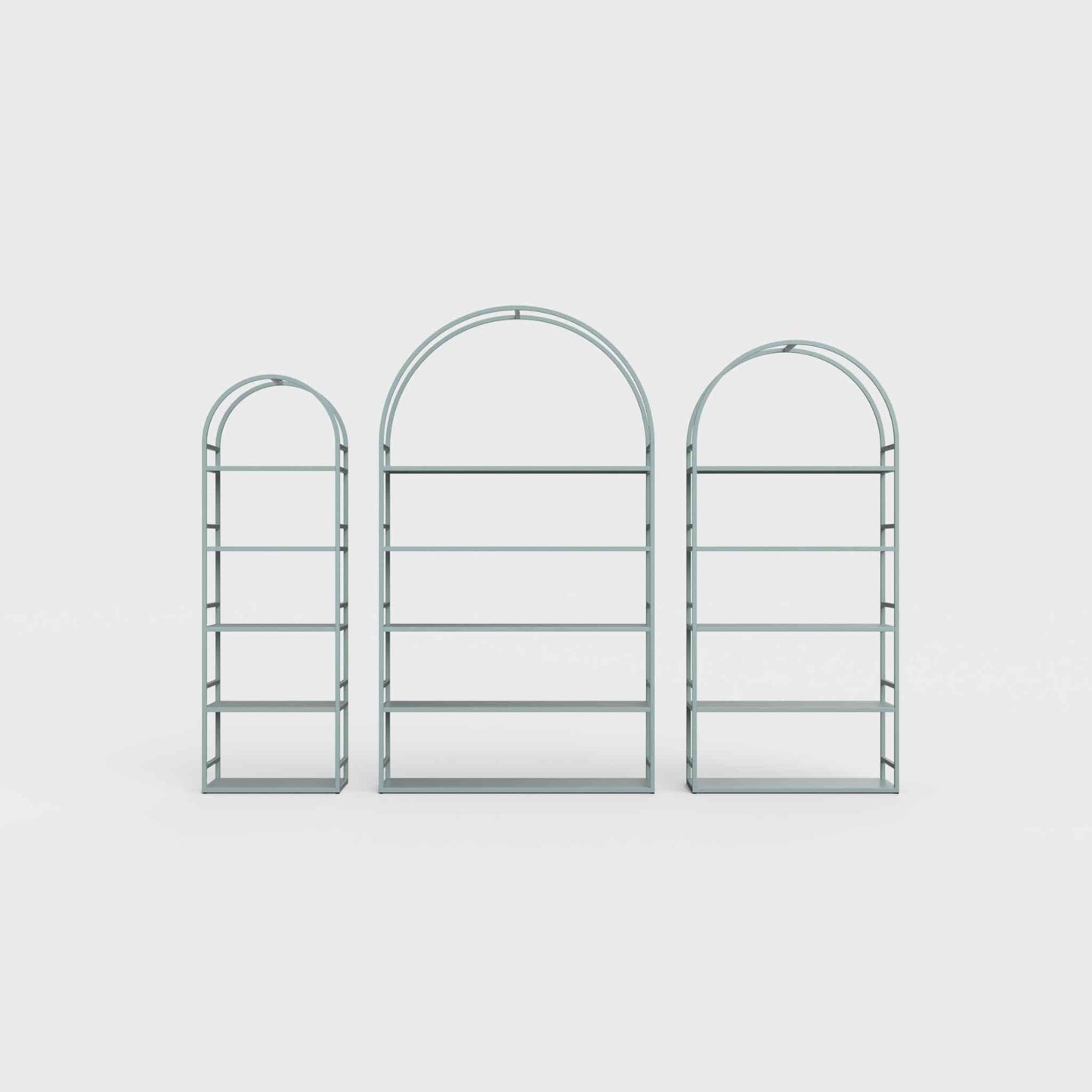 Arched bookcase Arkada, available in Switzerland through ÉTAUDORÉ, made from highest quality powdered coated steel in celadon green color