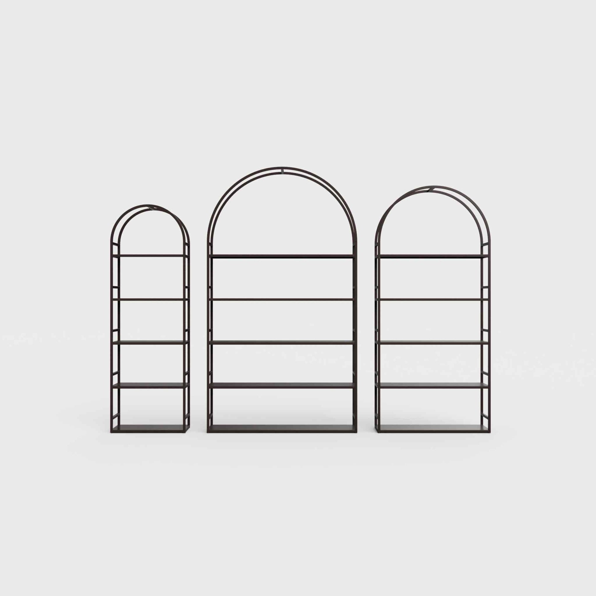 Arched bookcase Arkada, available in Switzerland through ÉTAUDORÉ, made from highest quality powdered coated steel in coffee brown color