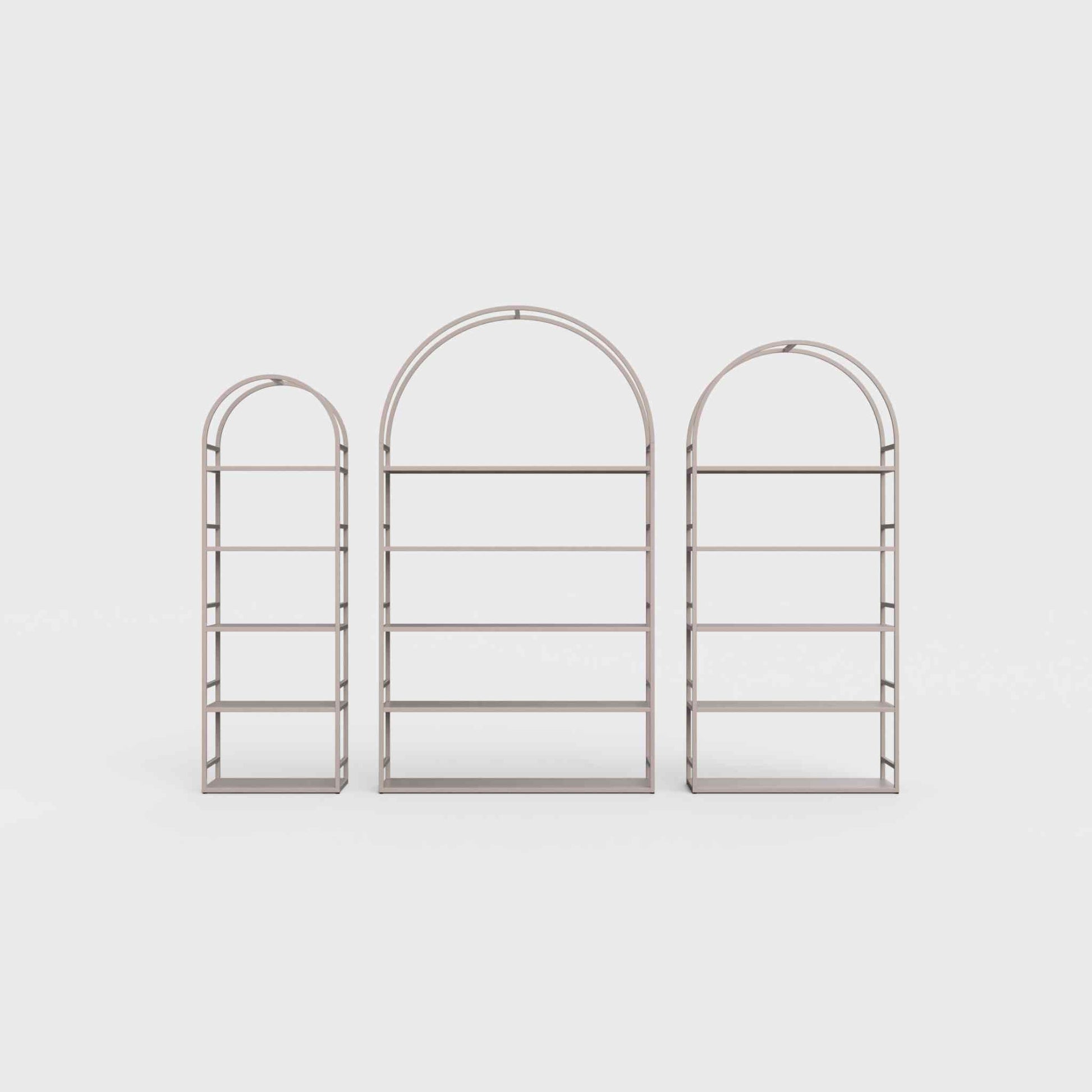 Arched bookcase Arkada, available in Switzerland through ÉTAUDORÉ, made from highest quality powdered coated steel in cold beige
