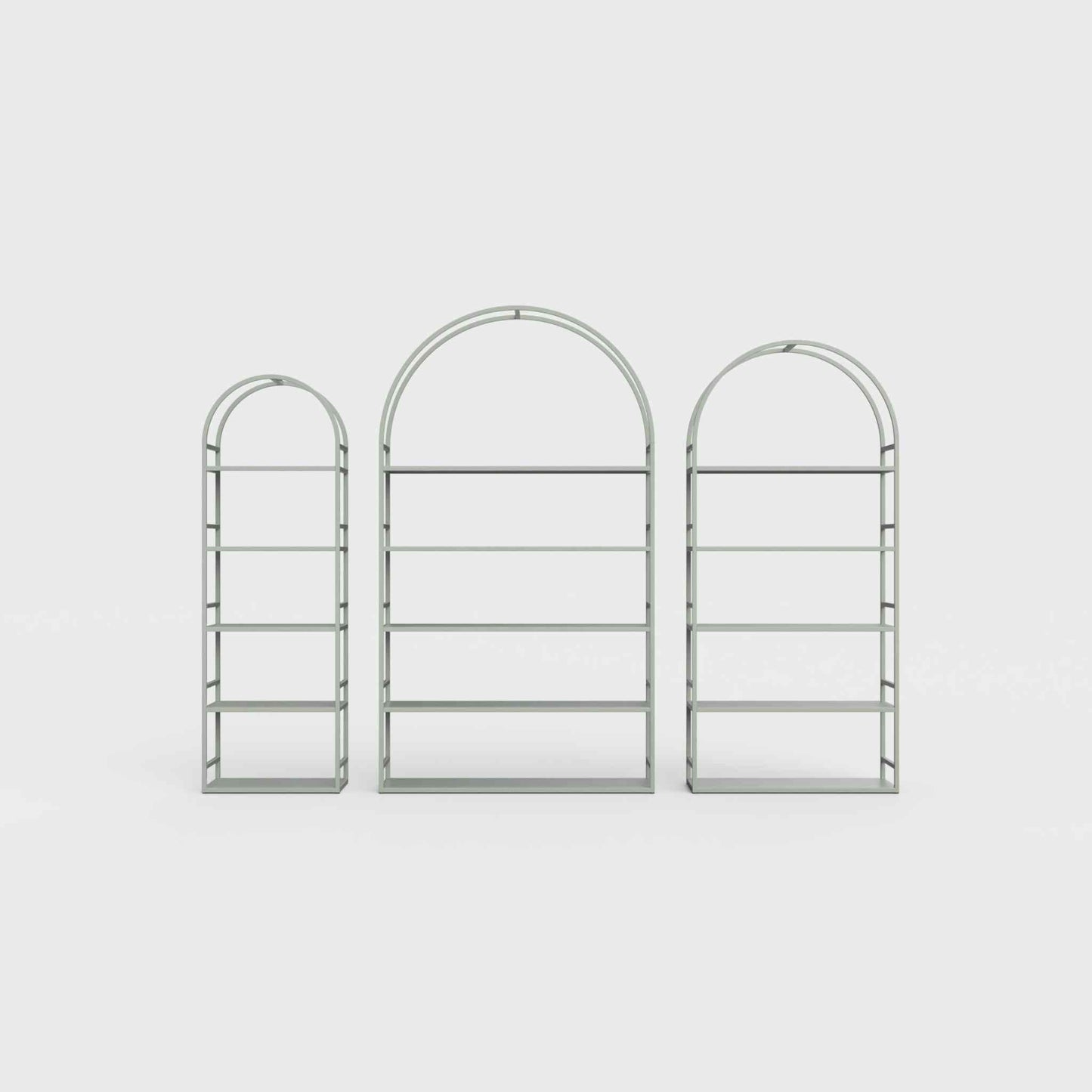 Arched bookcase Arkada, available in Switzerland through ÉTAUDORÉ, made from highest quality powdered coated steel in dark matcha green color