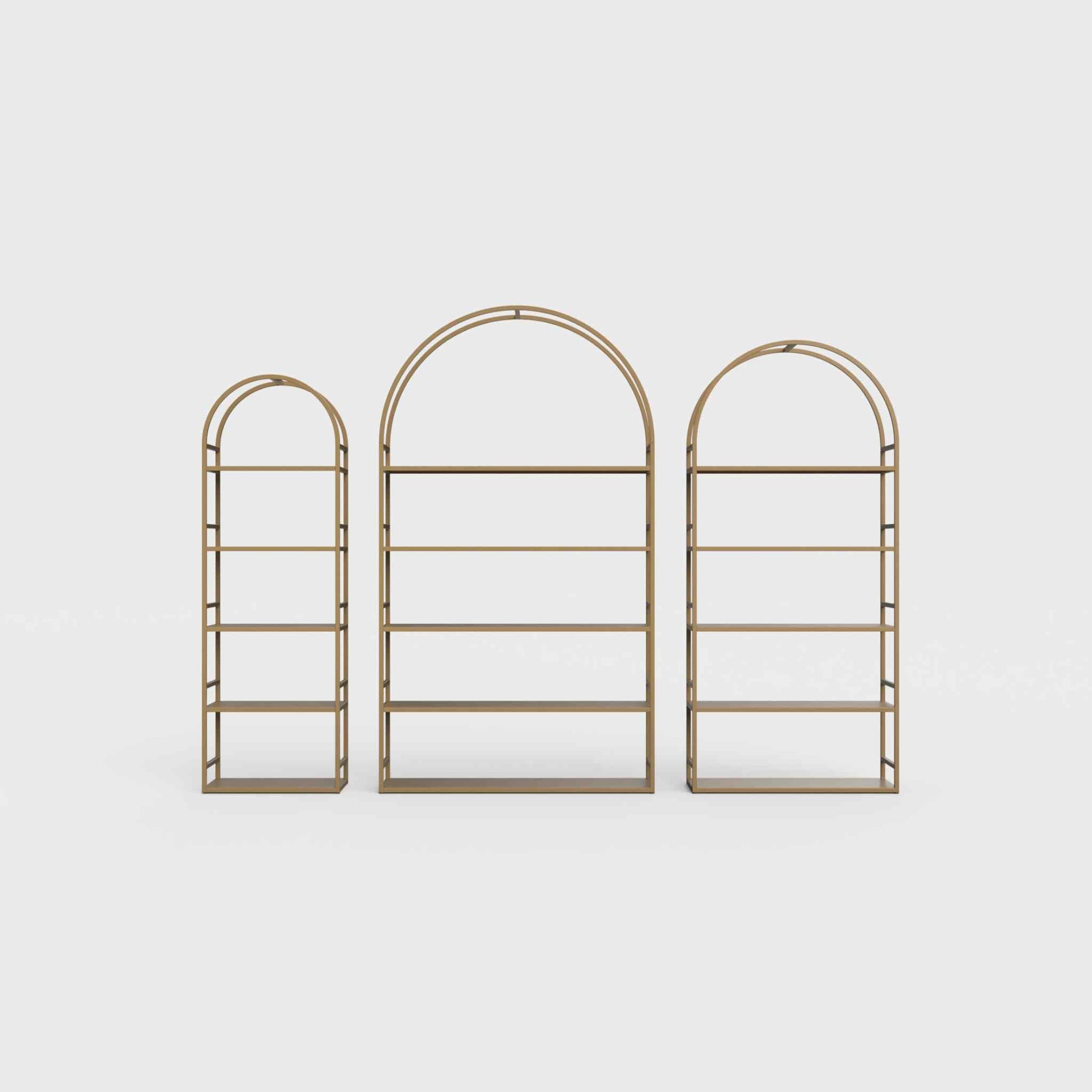 Arched bookcase Arkada, available in Switzerland through ÉTAUDORÉ, made from highest quality powdered coated steel in desert palm color