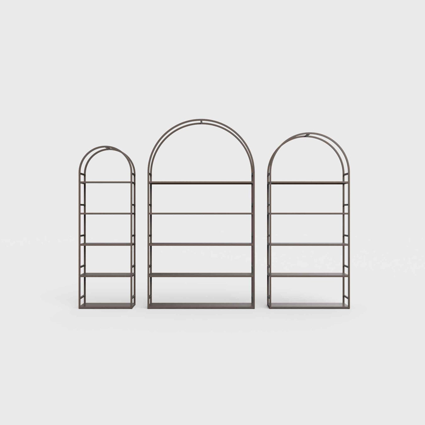 Arched bookcase Arkada, available in Switzerland through ÉTAUDORÉ, made from highest quality powdered coated steel in earth brown color