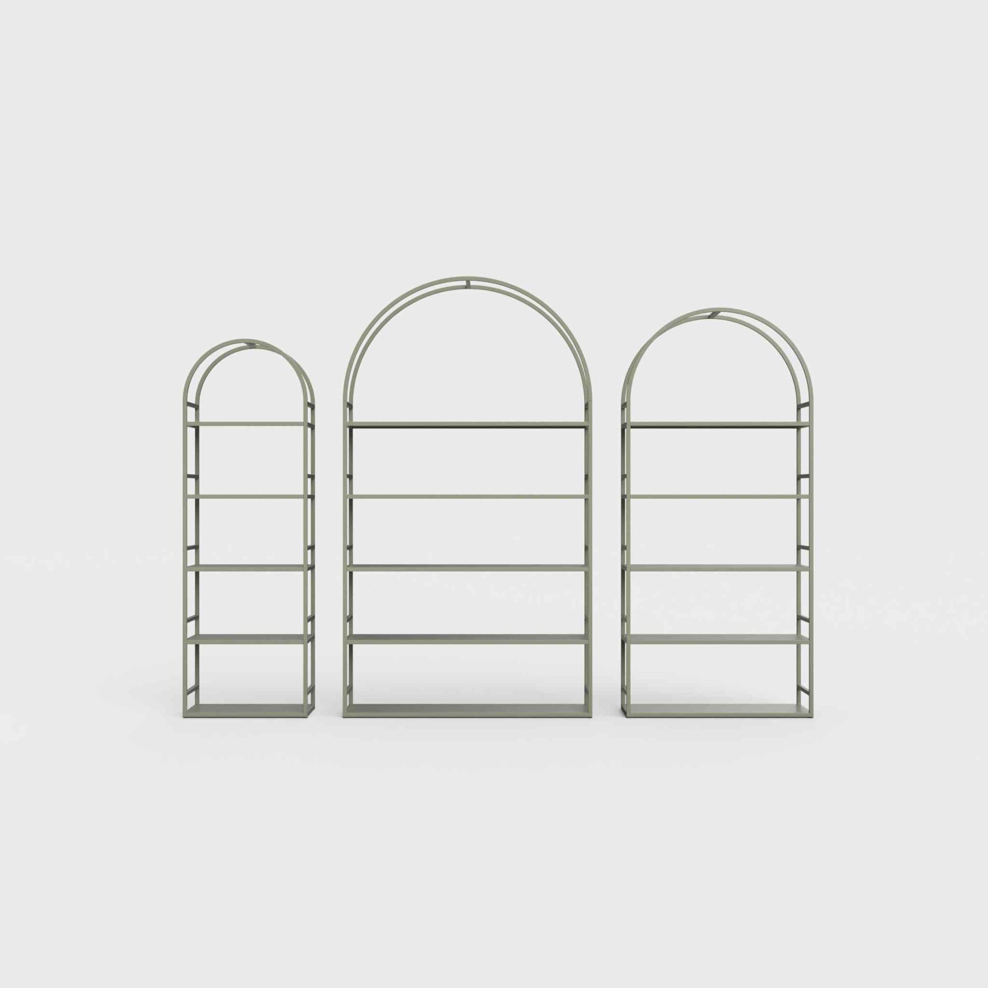 Arched bookcase Arkada, available in Switzerland through ÉTAUDORÉ, made from highest quality powdered coated steel in faded olive color