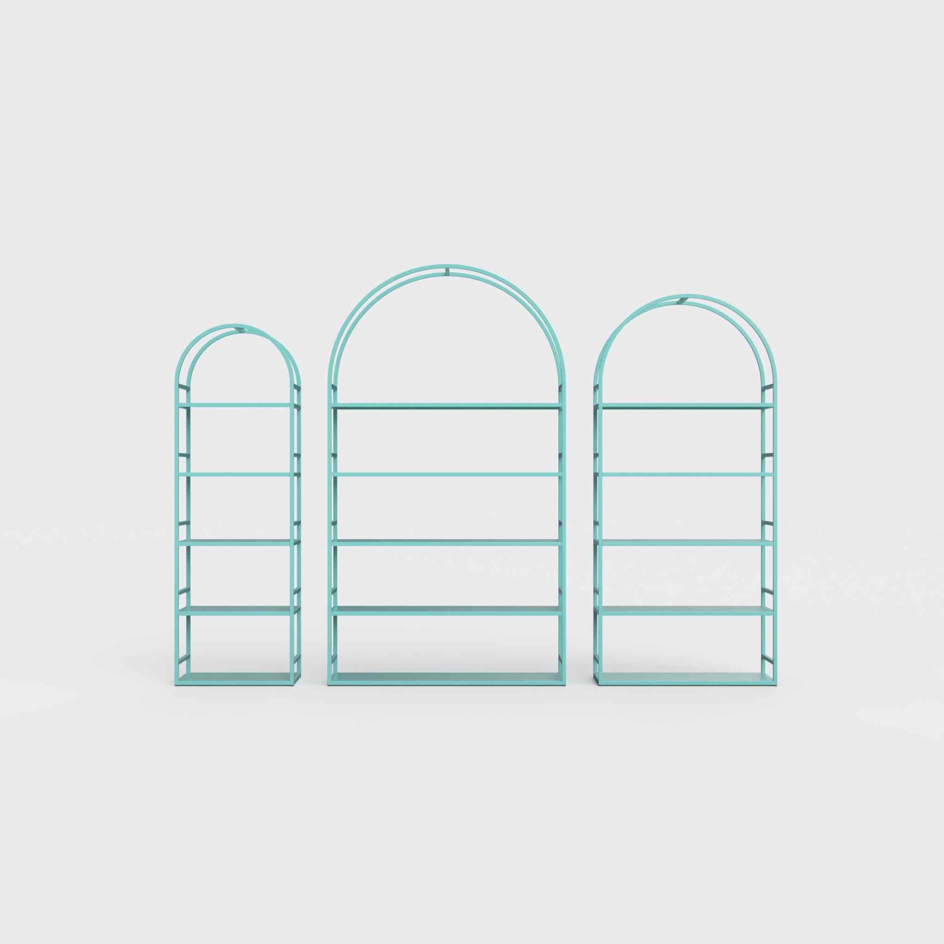 Arched bookcase Arkada, available in Switzerland through ÉTAUDORÉ, made from highest quality powdered coated steel in forget me not blue-green color