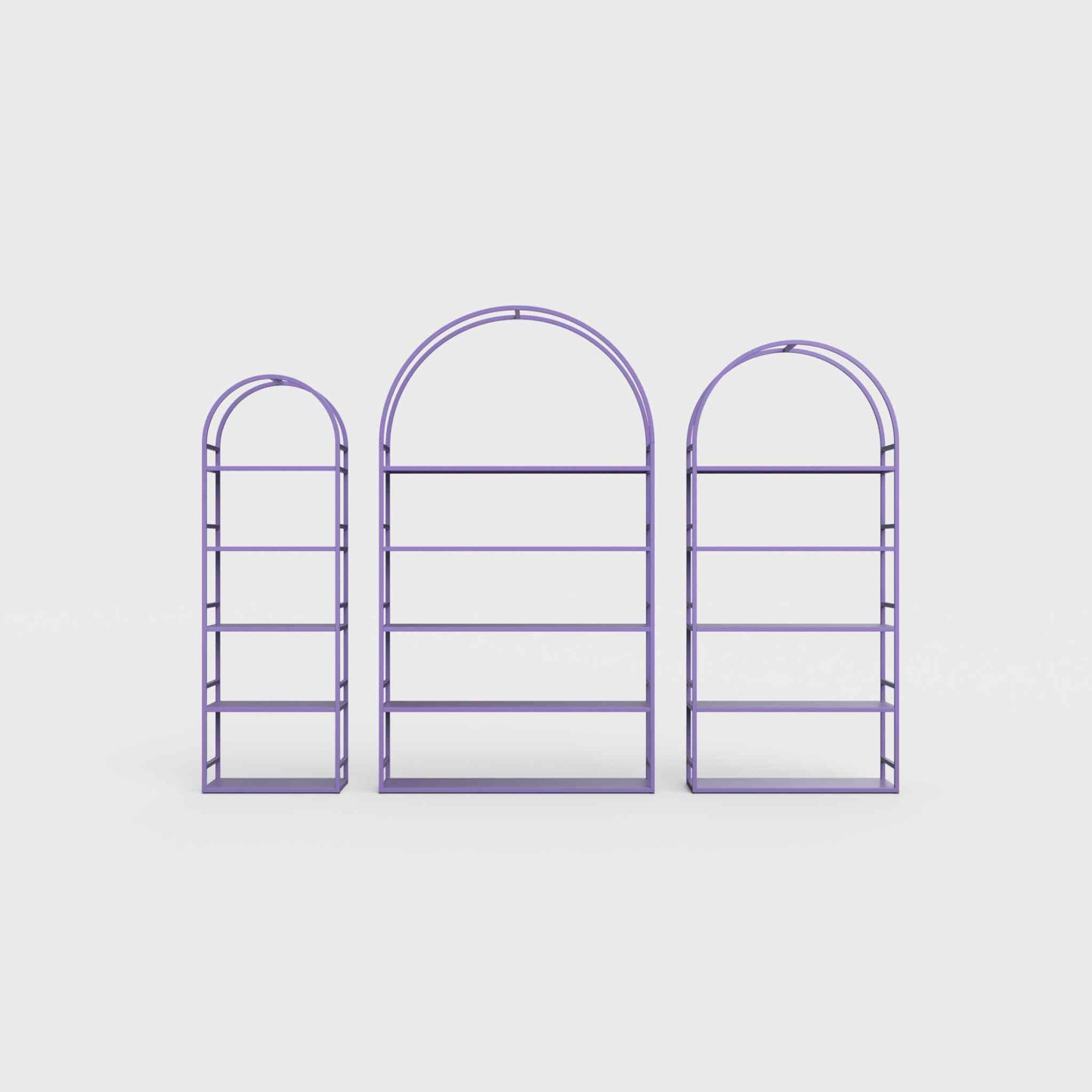 Arched bookcase Arkada, available in Switzerland through ÉTAUDORÉ, made from highest quality powdered coated steel in iris violet color