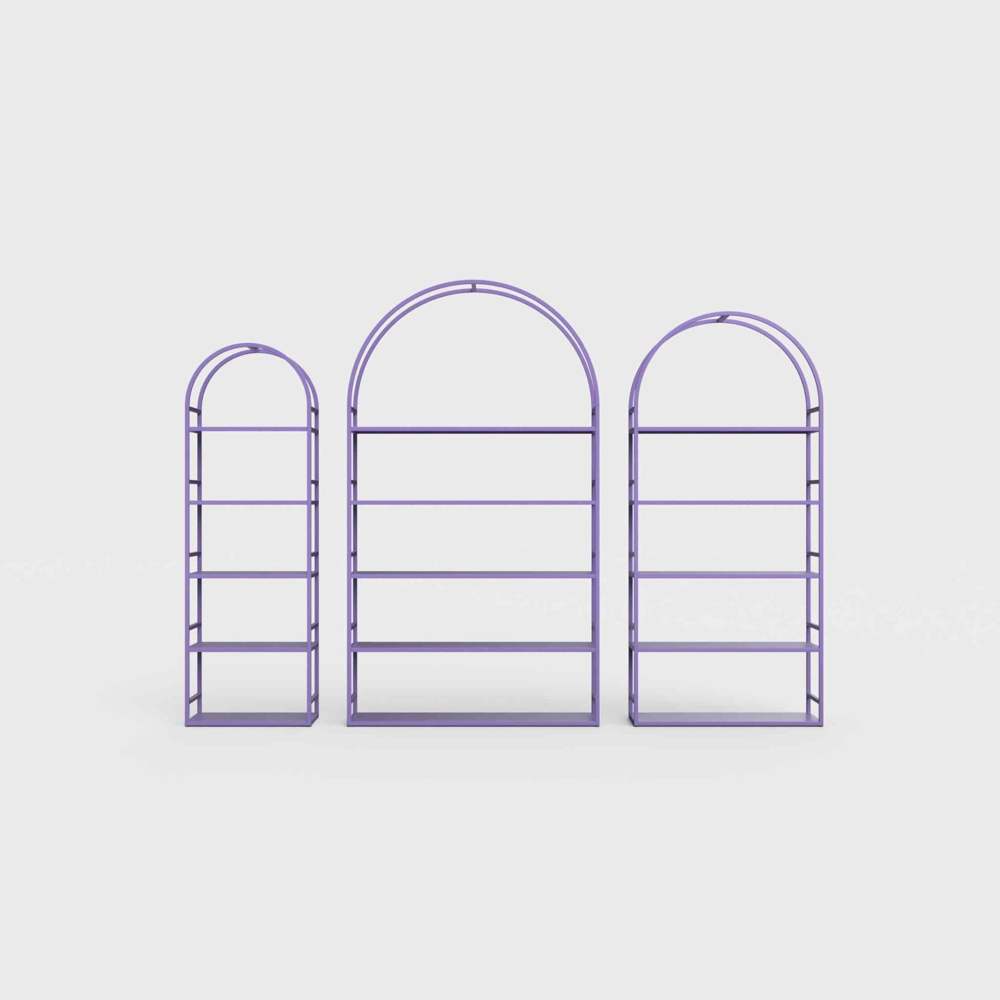 Arched bookcase Arkada, available in Switzerland through ÉTAUDORÉ, made from highest quality powdered coated steel in iris violet color