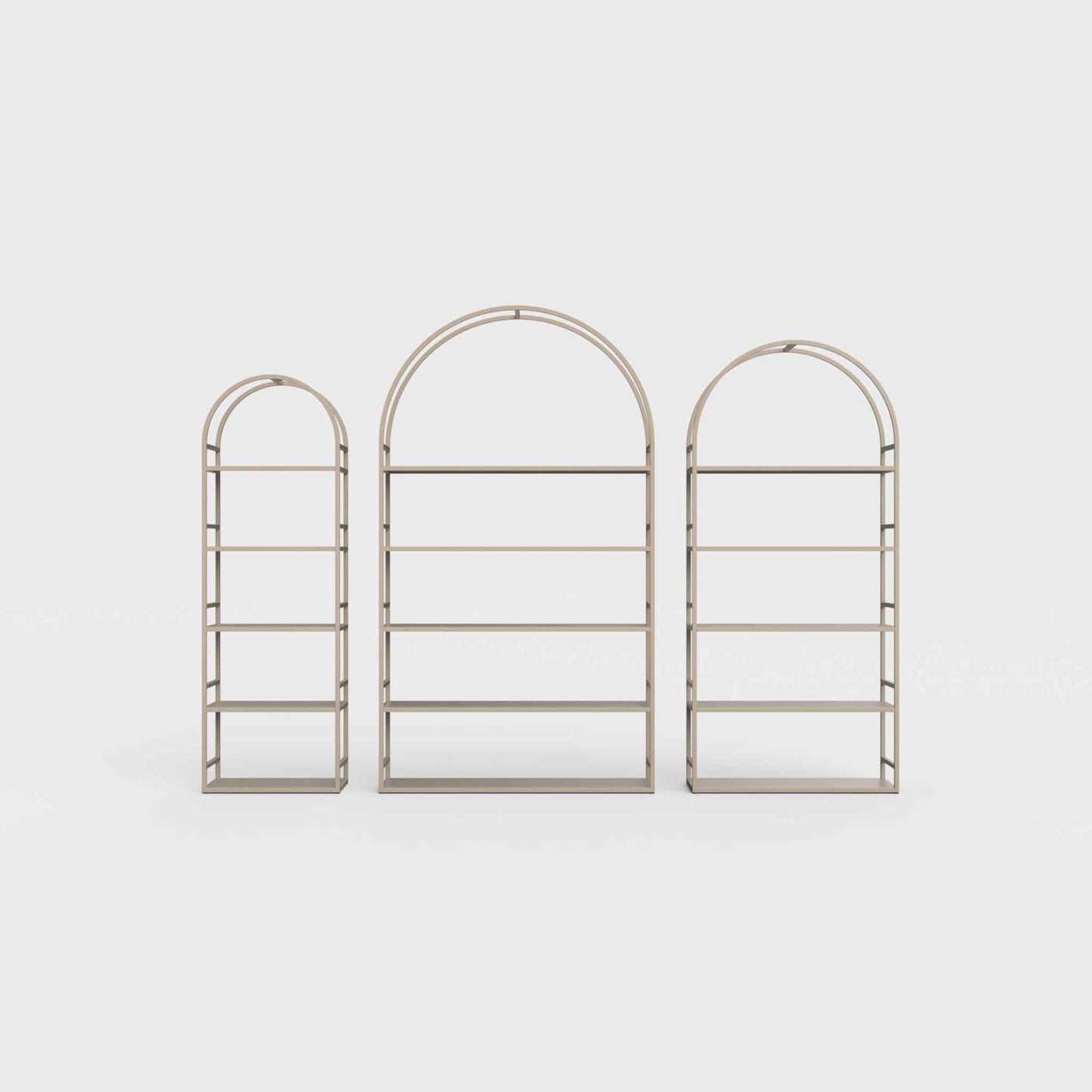 Arched bookcase Arkada, available in Switzerland through ÉTAUDORÉ, made from highest quality powdered coated steel in khaki color