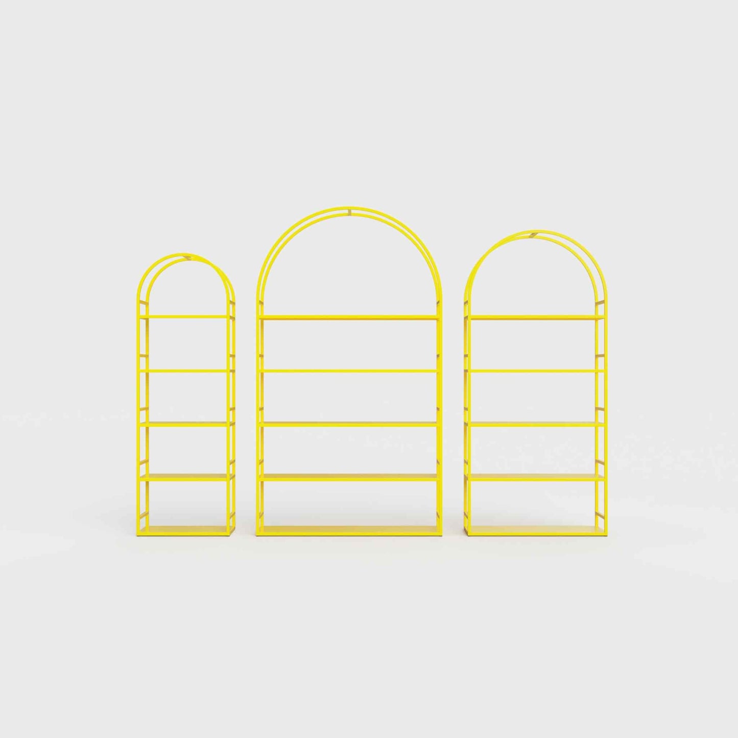 Arched bookcase Arkada, available in Switzerland through ÉTAUDORÉ, made from highest quality powdered coated steel in lemon yellow color