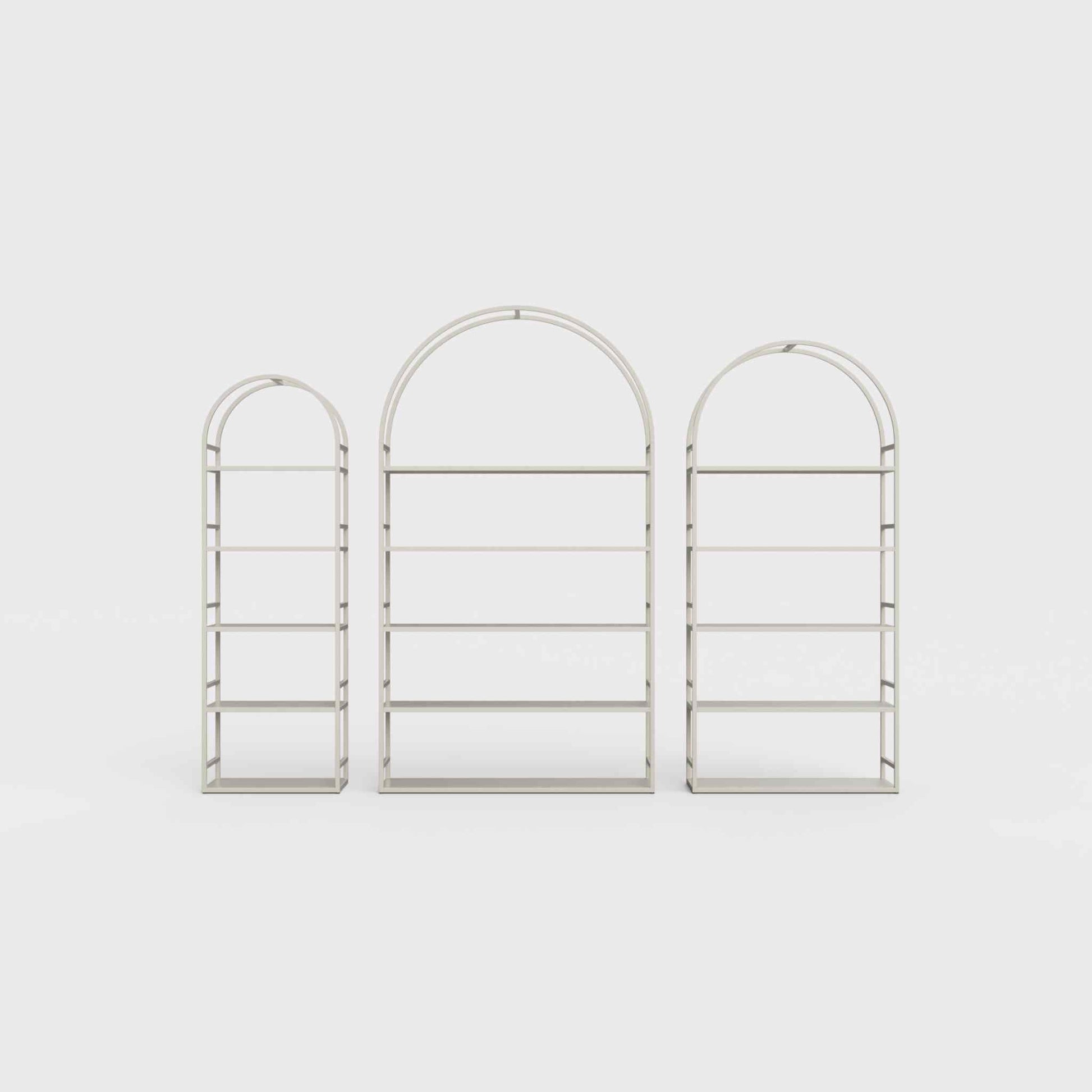 Arched bookcase Arkada, available in Switzerland through ÉTAUDORÉ, made from highest quality powdered coated steel in light beige