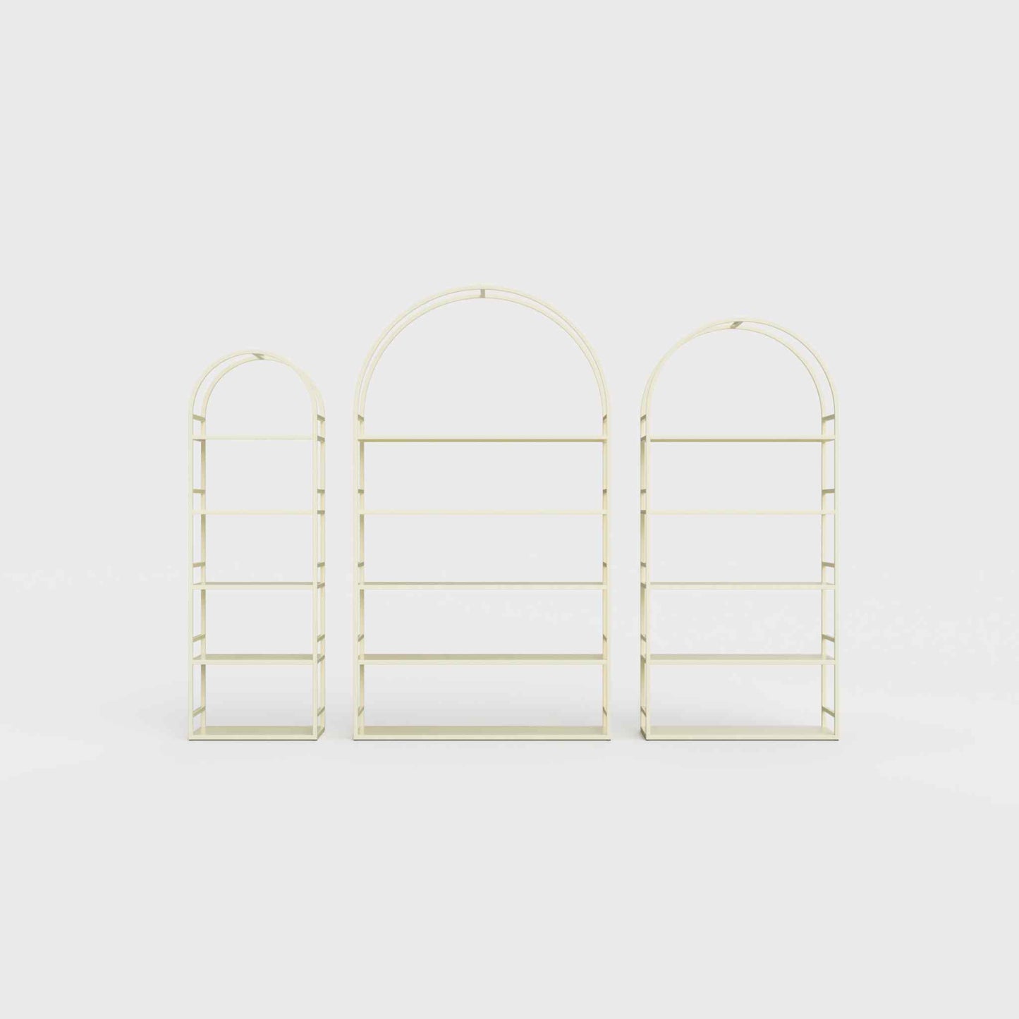 Arched bookcase Arkada, available in Switzerland through ÉTAUDORÉ, made from highest quality powdered coated steel in light ecru