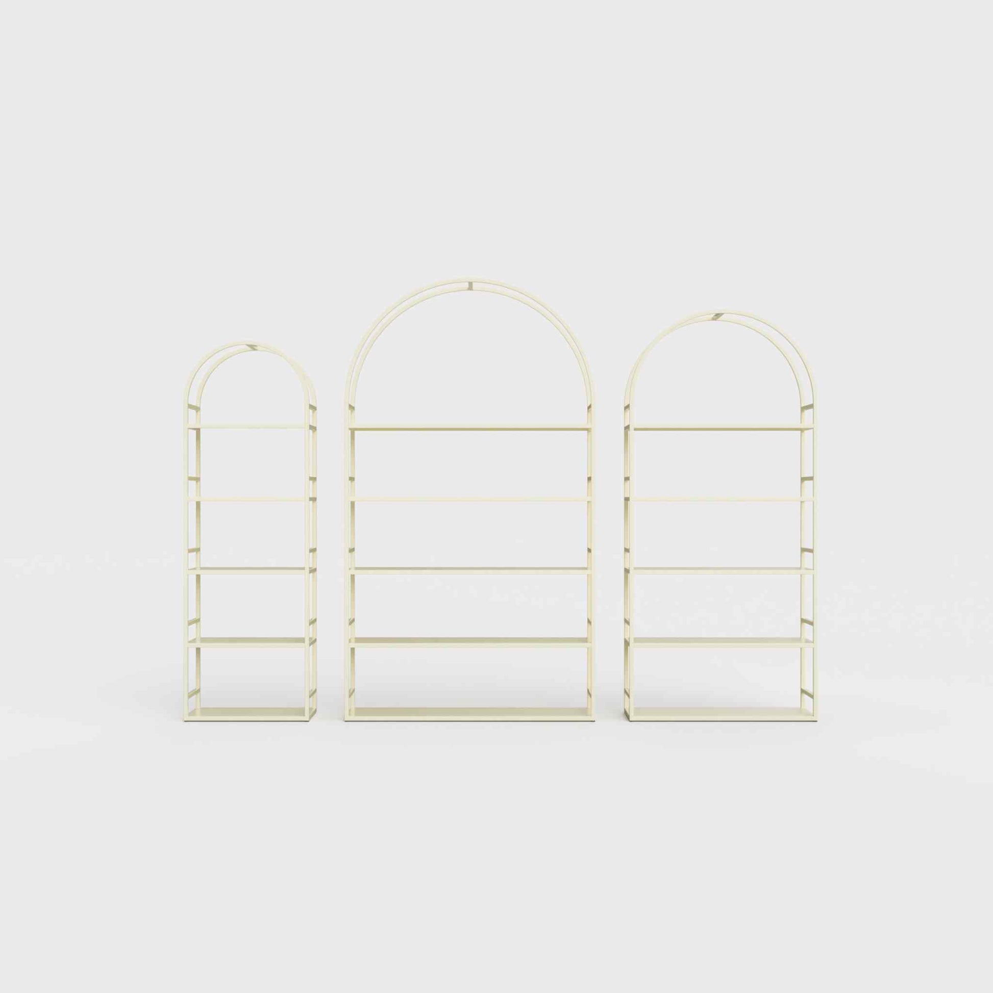 Arched bookcase Arkada, available in Switzerland through ÉTAUDORÉ, made from highest quality powdered coated steel in light ecru