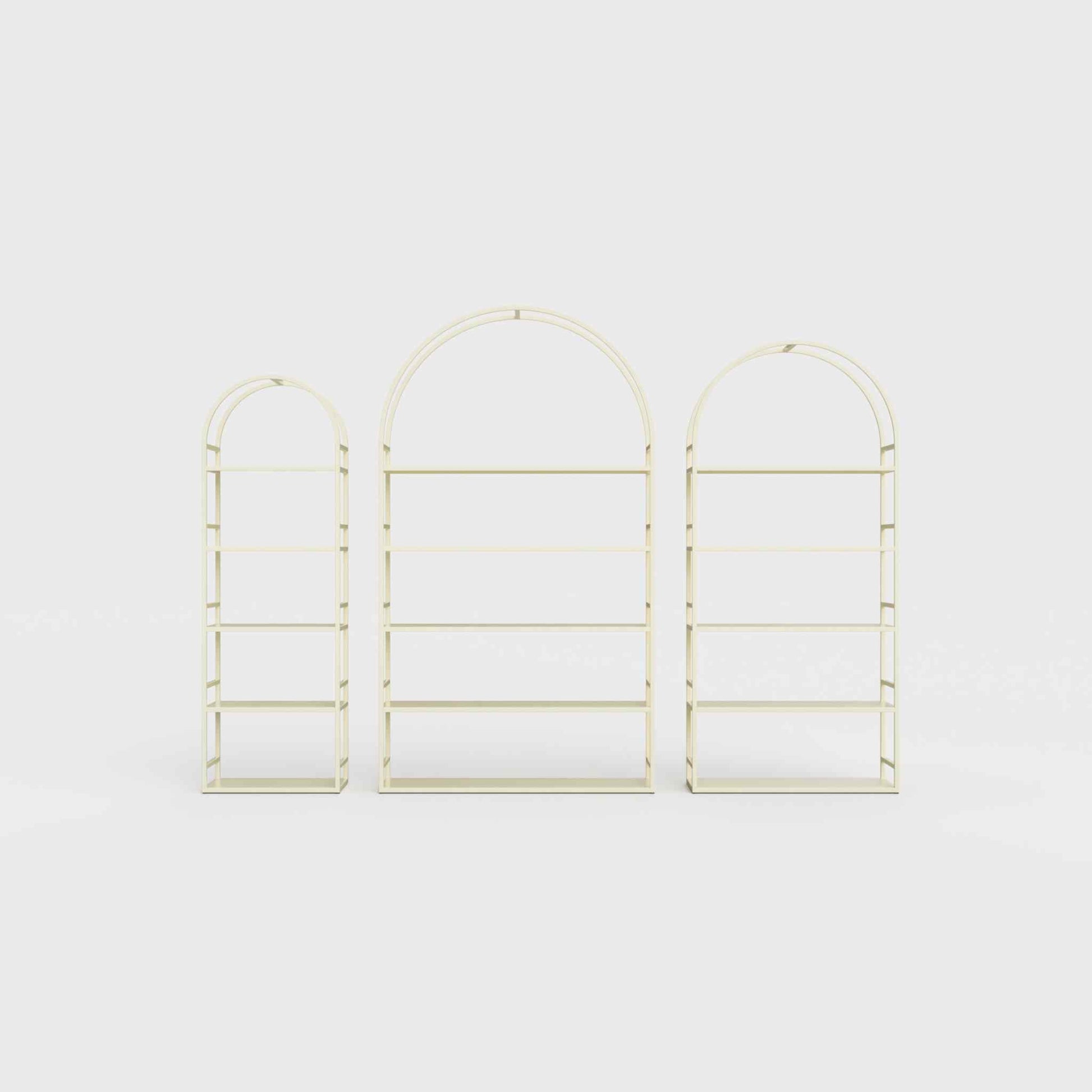 Arched bookcase Arkada, available in Switzerland through ÉTAUDORÉ, made from highest quality powdered coated steel in light ecru