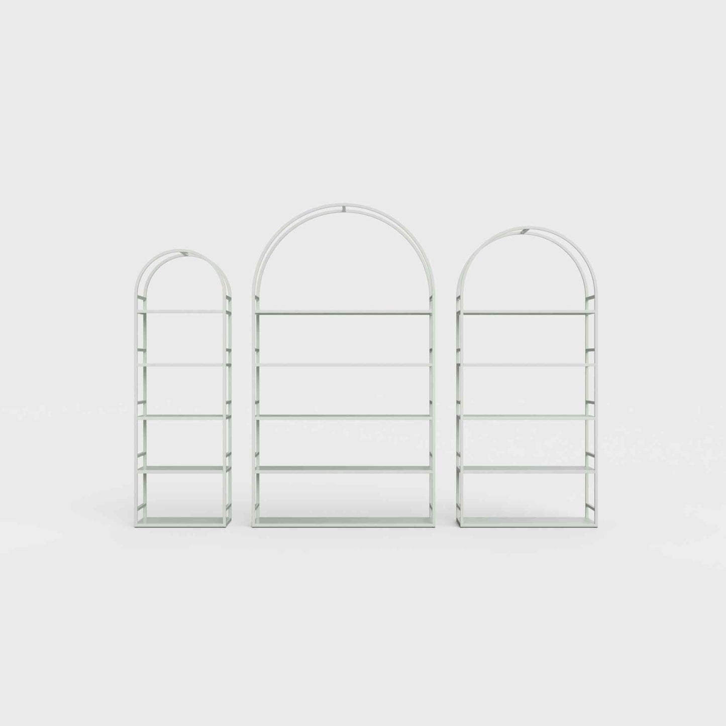 Arched bookcase Arkada, available in Switzerland through ÉTAUDORÉ, made from highest quality powdered coated steel in light matcha green color