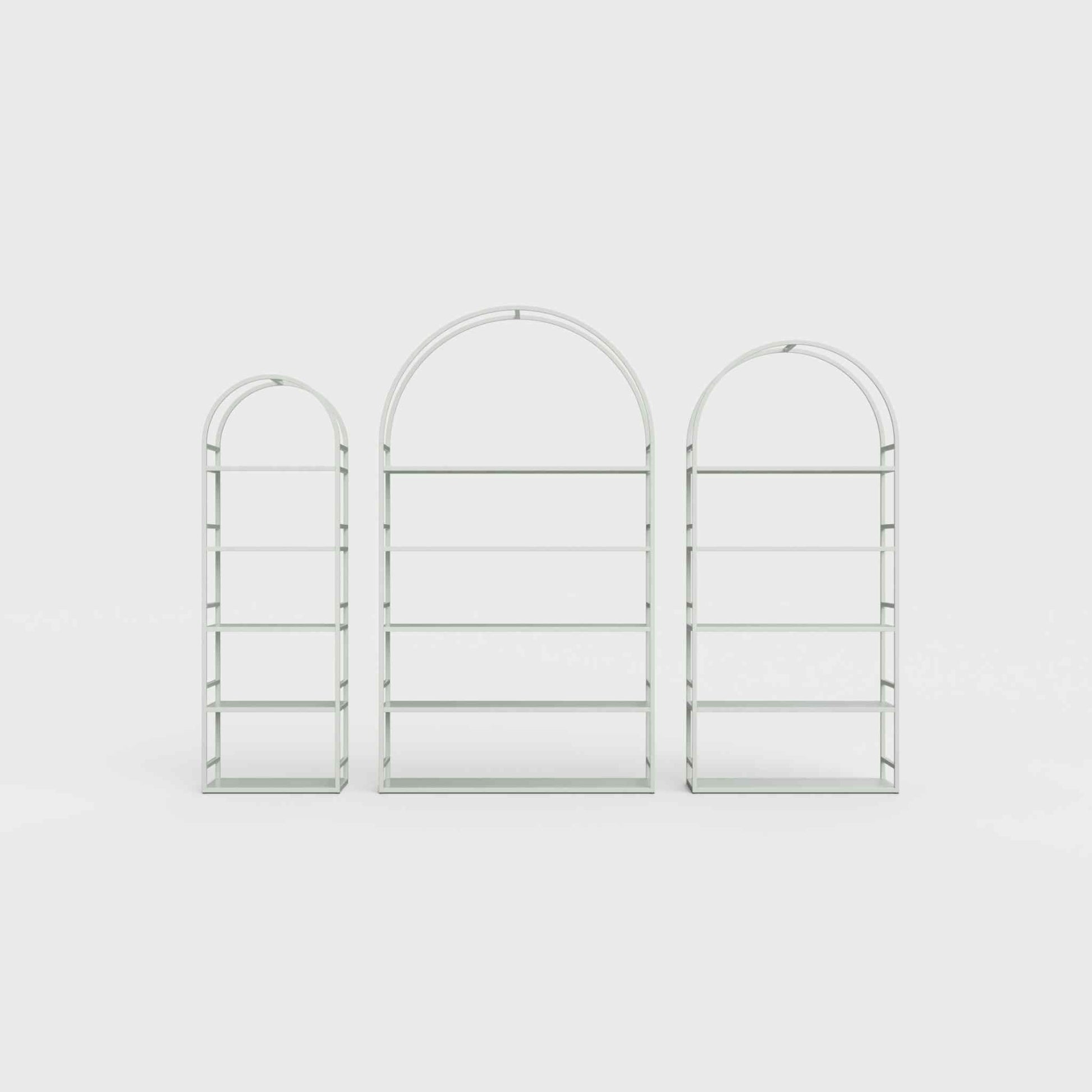 Arched bookcase Arkada, available in Switzerland through ÉTAUDORÉ, made from highest quality powdered coated steel in light matcha green color