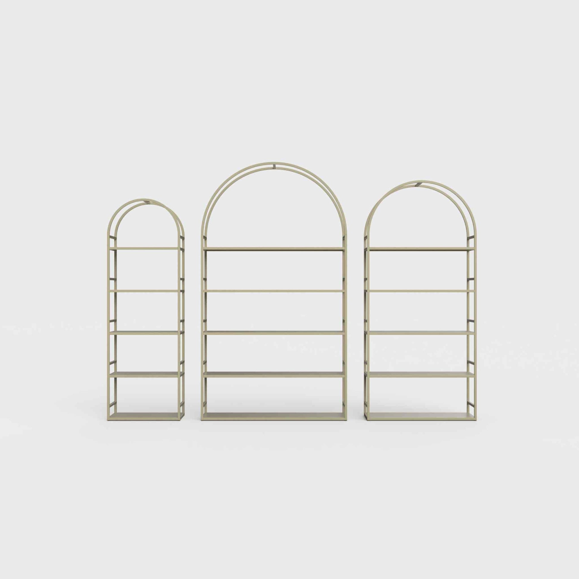 Arched bookcase Arkada, available in Switzerland through ÉTAUDORÉ, made from highest quality powdered coated steel in light olive color