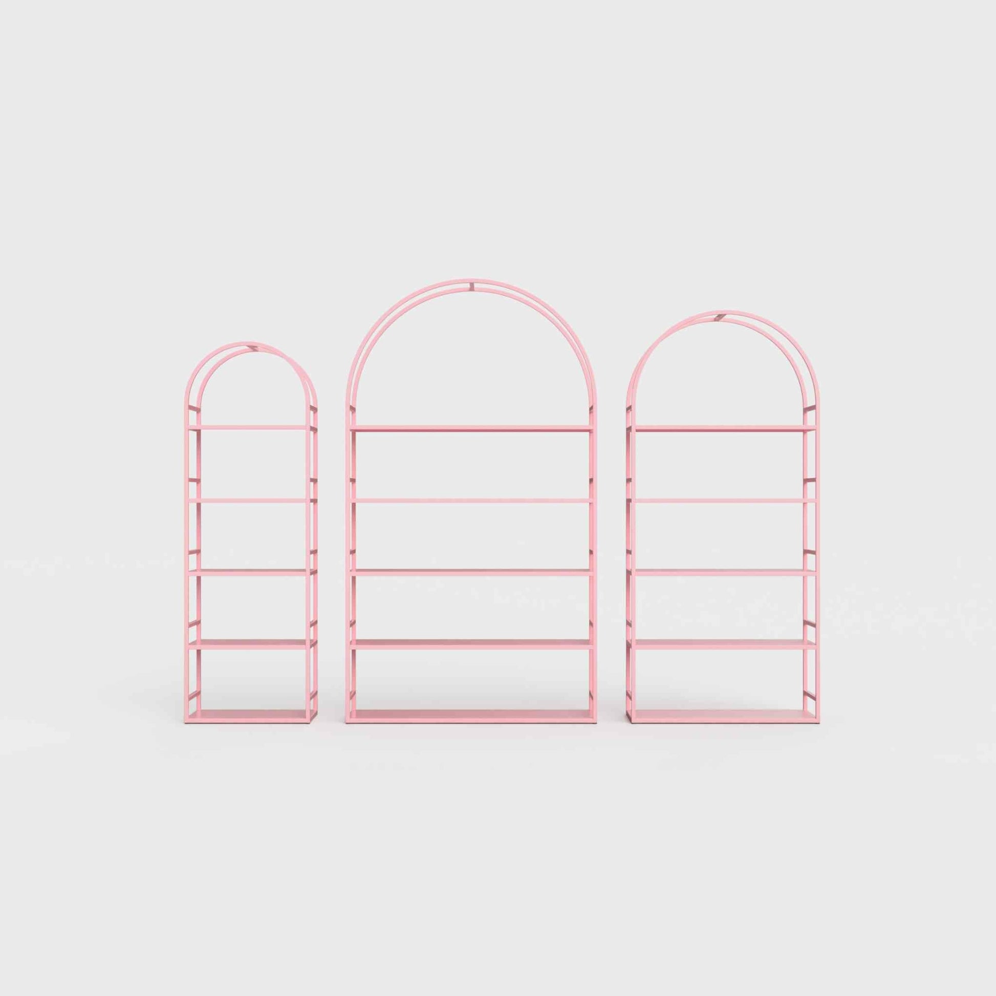 Arched bookcase Arkada, available in Switzerland through ÉTAUDORÉ, made from highest quality powdered coated steel in lily pink color