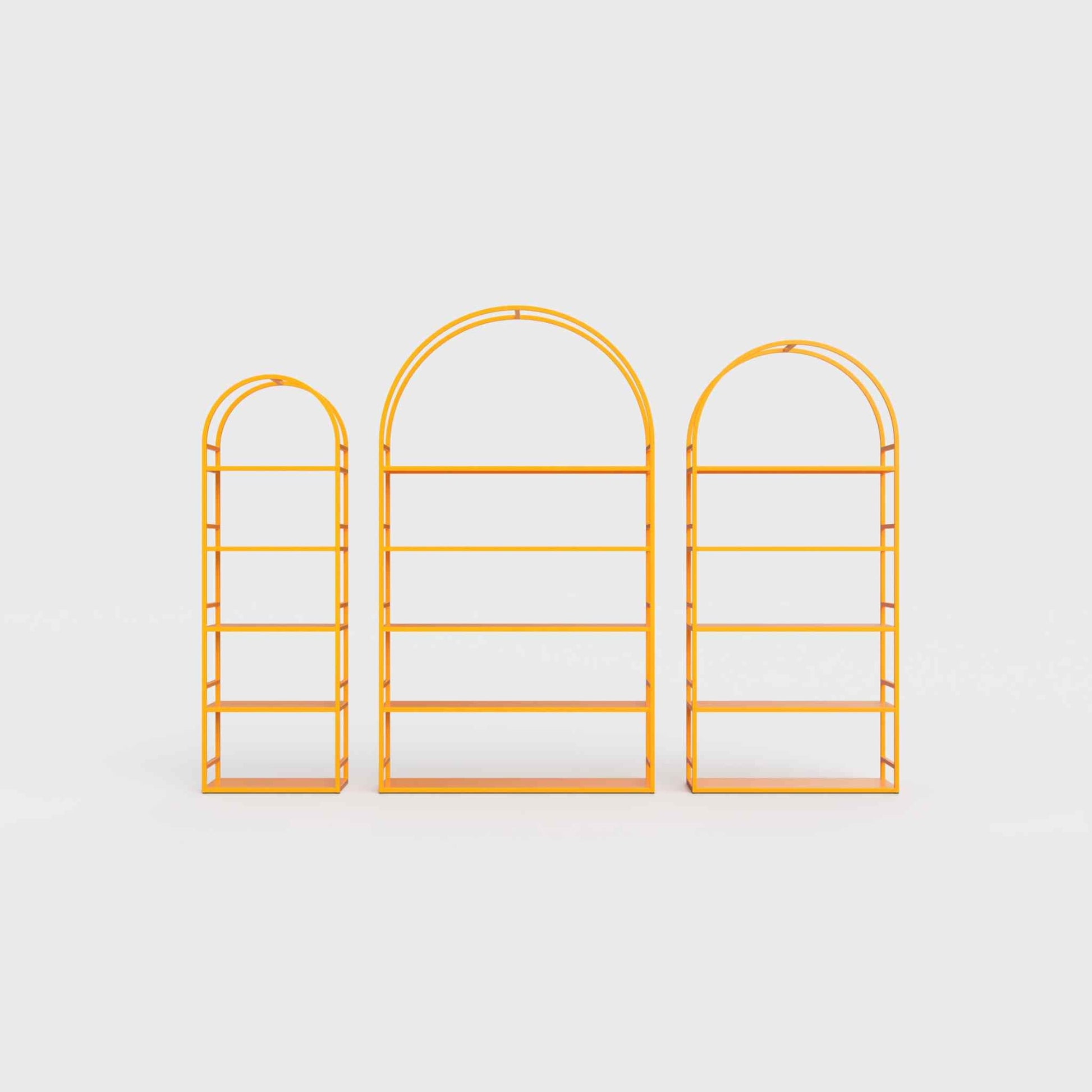Arched bookcase Arkada, available in Switzerland through ÉTAUDORÉ, made from highest quality powdered coated steel in orange color