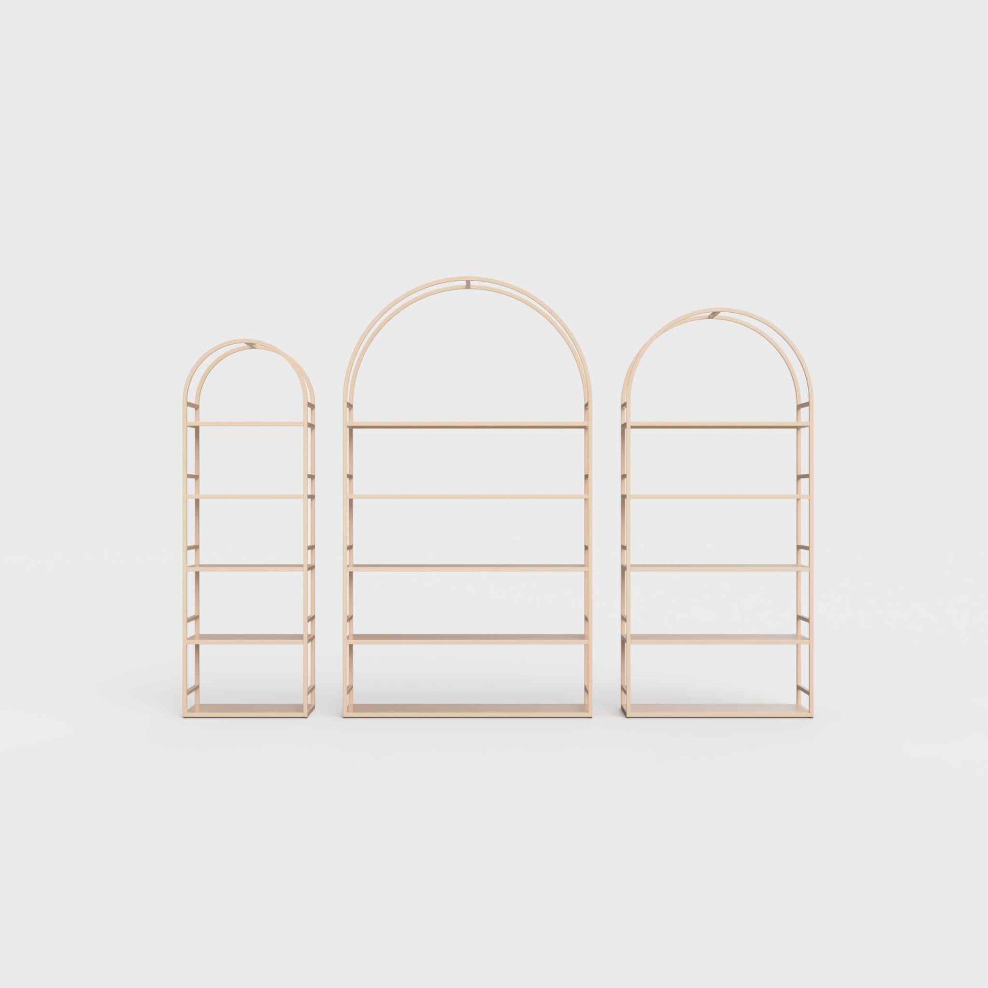 Arched bookcase Arkada, available in Switzerland through ÉTAUDORÉ, made from highest quality powdered coated steel in pastel salmon color