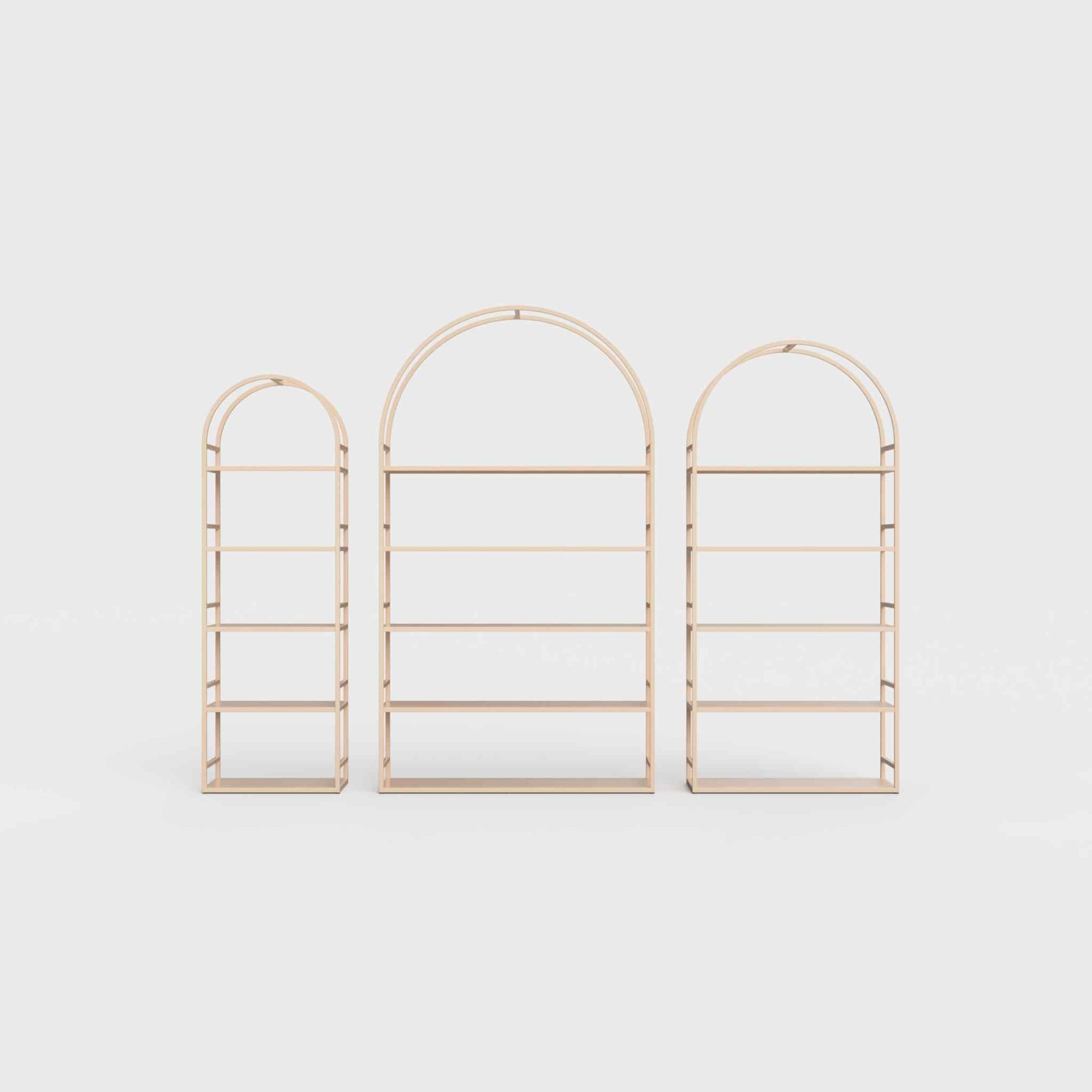 Arched bookcase Arkada, available in Switzerland through ÉTAUDORÉ, made from highest quality powdered coated steel in pastel salmon color