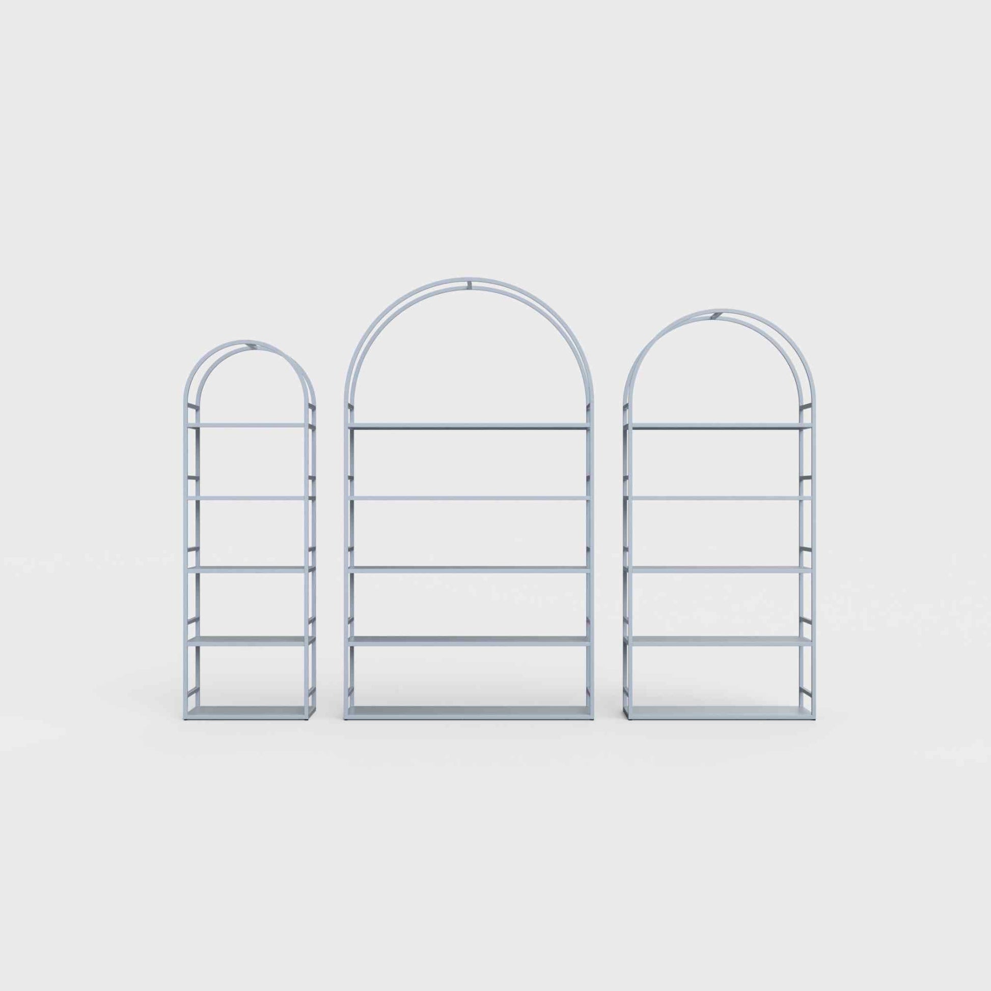 Arched bookcase Arkada, available in Switzerland through ÉTAUDORÉ, made from highest quality powdered coated steel in pigeon blue color