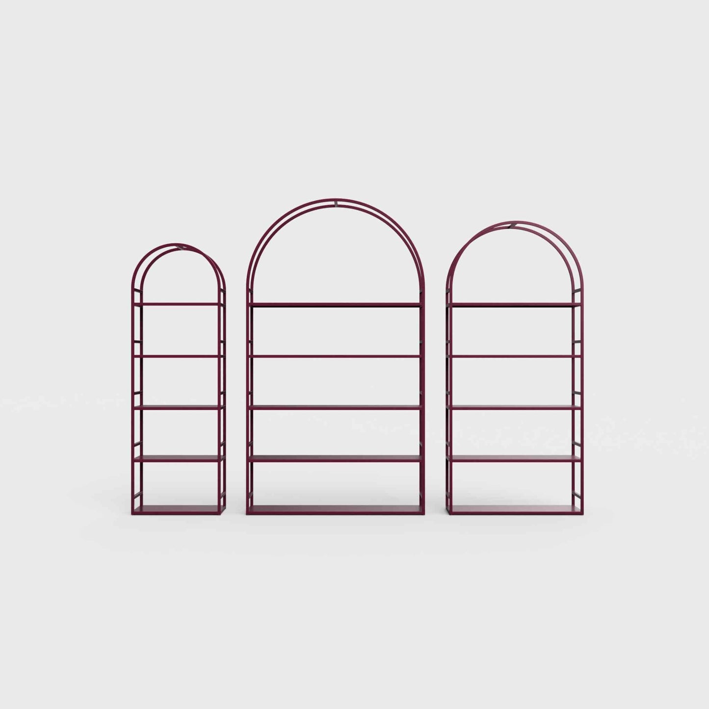 Arched bookcase Arkada, available in Switzerland through ÉTAUDORÉ, made from highest quality powdered coated steel in plum purple color