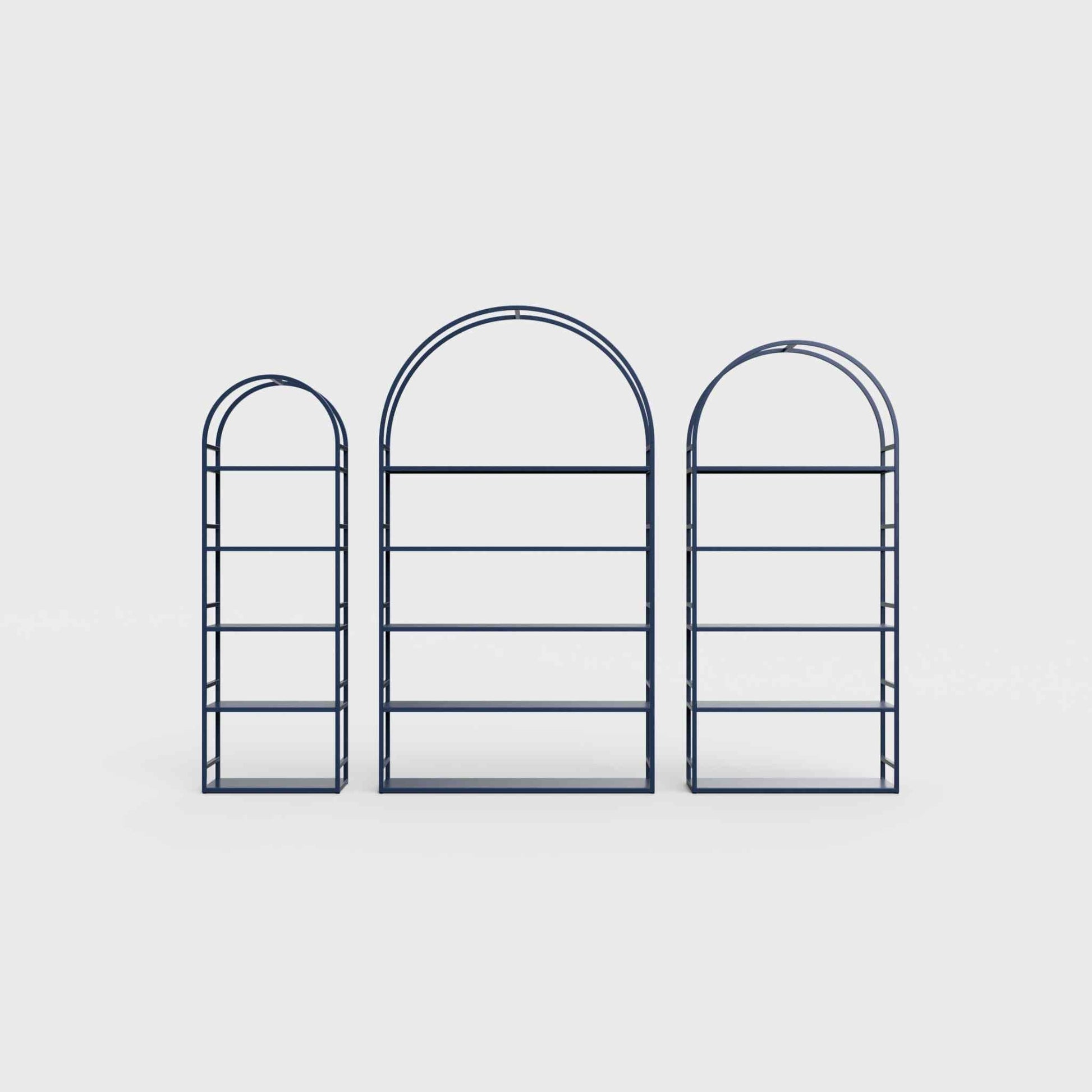 Arched bookcase Arkada, available in Switzerland through ÉTAUDORÉ, made from highest quality powdered coated steel in prussian blue color