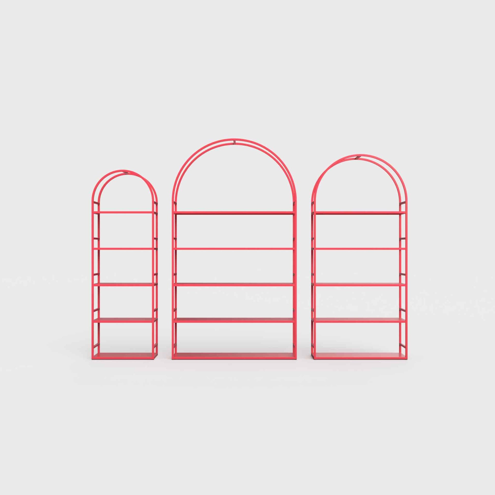 Arched bookcase Arkada, available in Switzerland through ÉTAUDORÉ, made from highest quality powdered coated steel in raspberry color