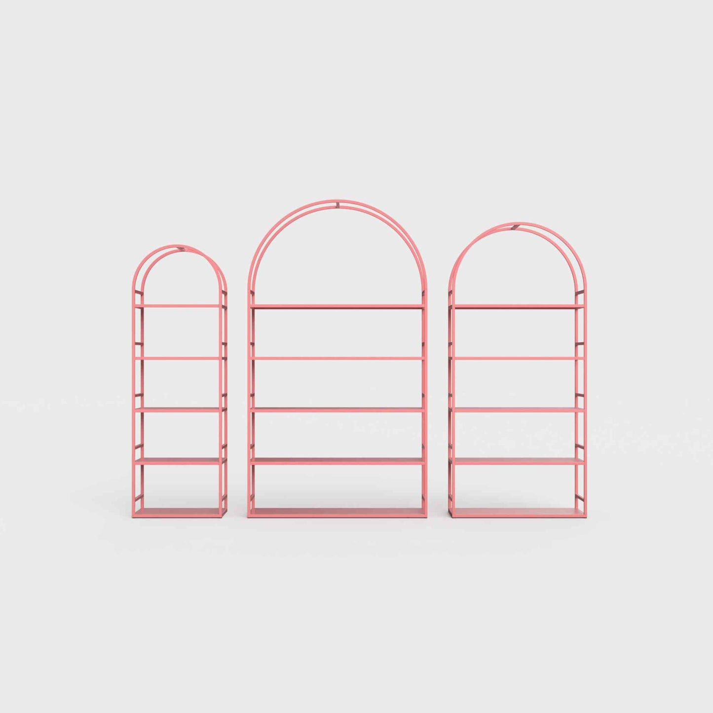 Arched bookcase Arkada, available in Switzerland through ÉTAUDORÉ, made from highest quality powdered coated steel in rose pink color
