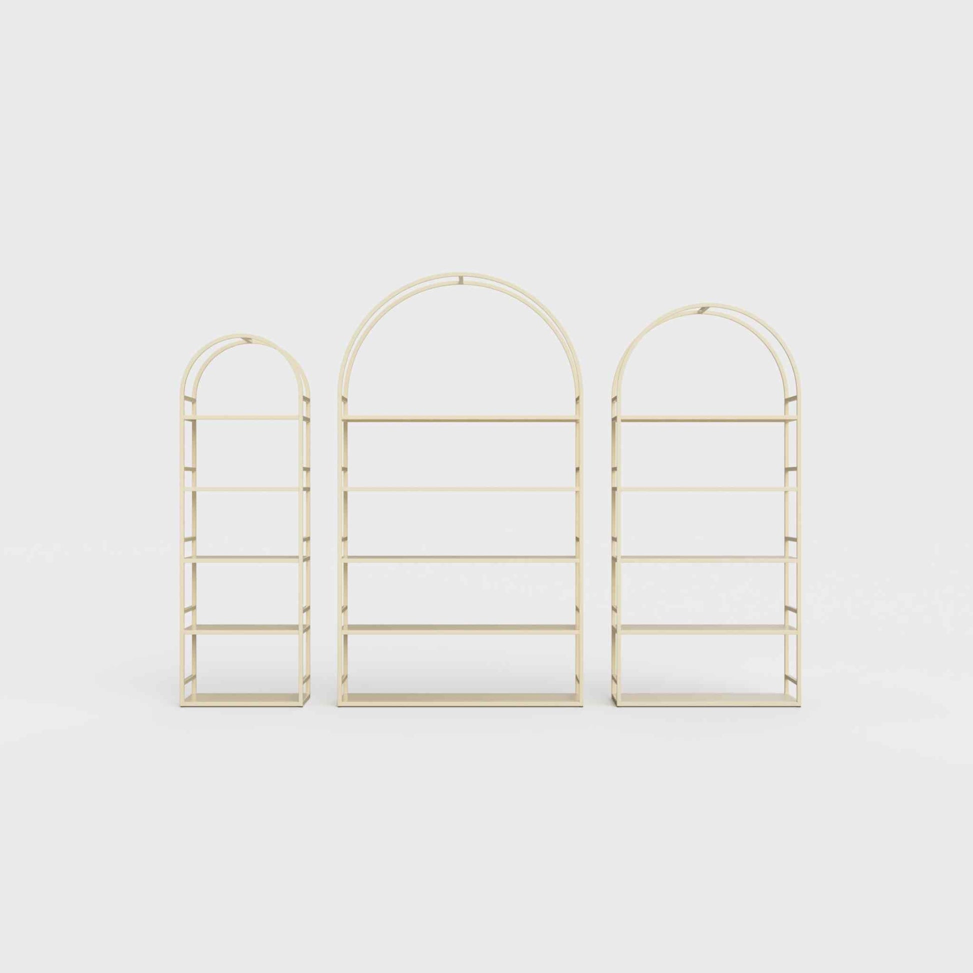 Arched bookcase Arkada, available in Switzerland through ÉTAUDORÉ, made from highest quality powdered coated steel in sand color