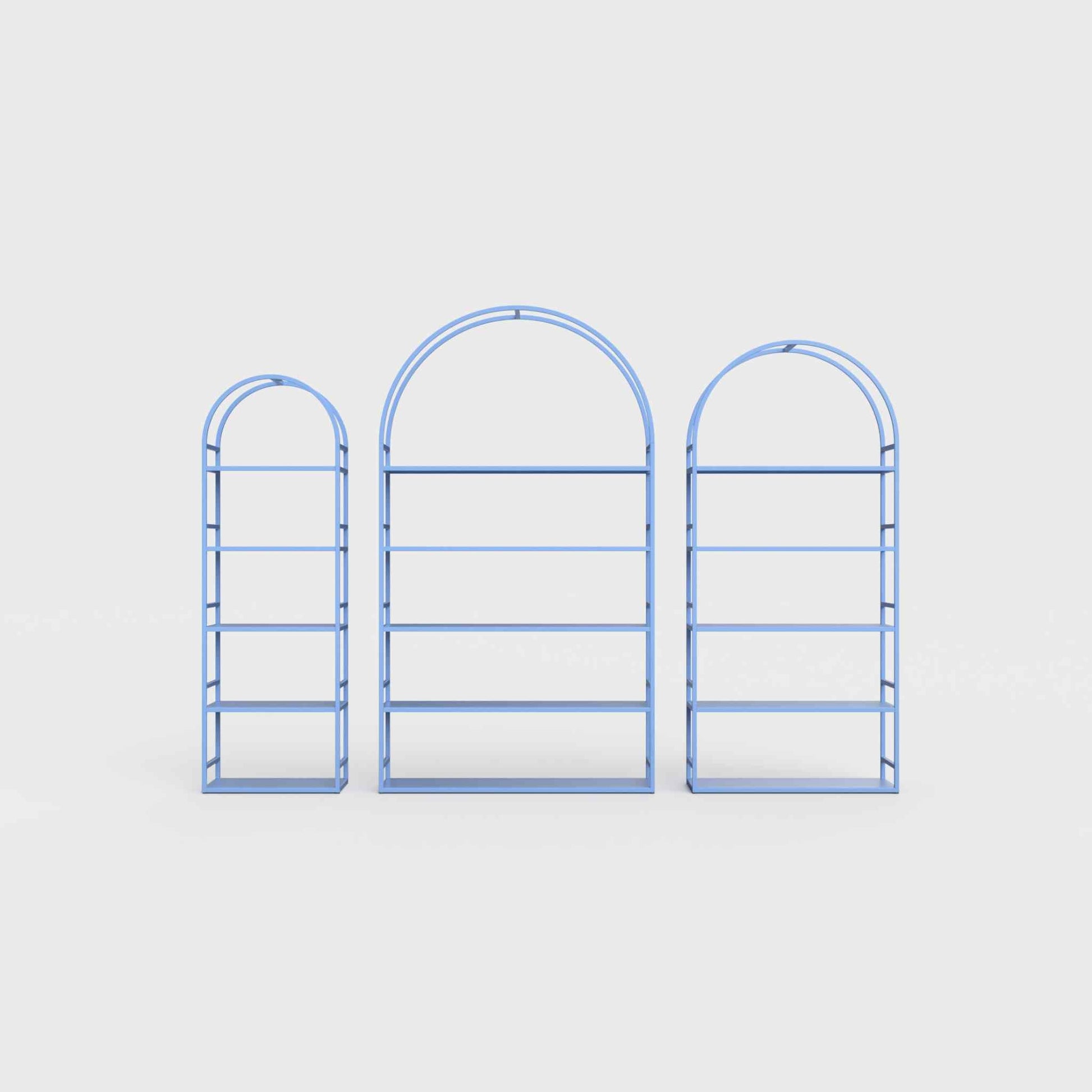 Arched bookcase Arkada, available in Switzerland through ÉTAUDORÉ, made from highest quality powdered coated steel in sky blue color