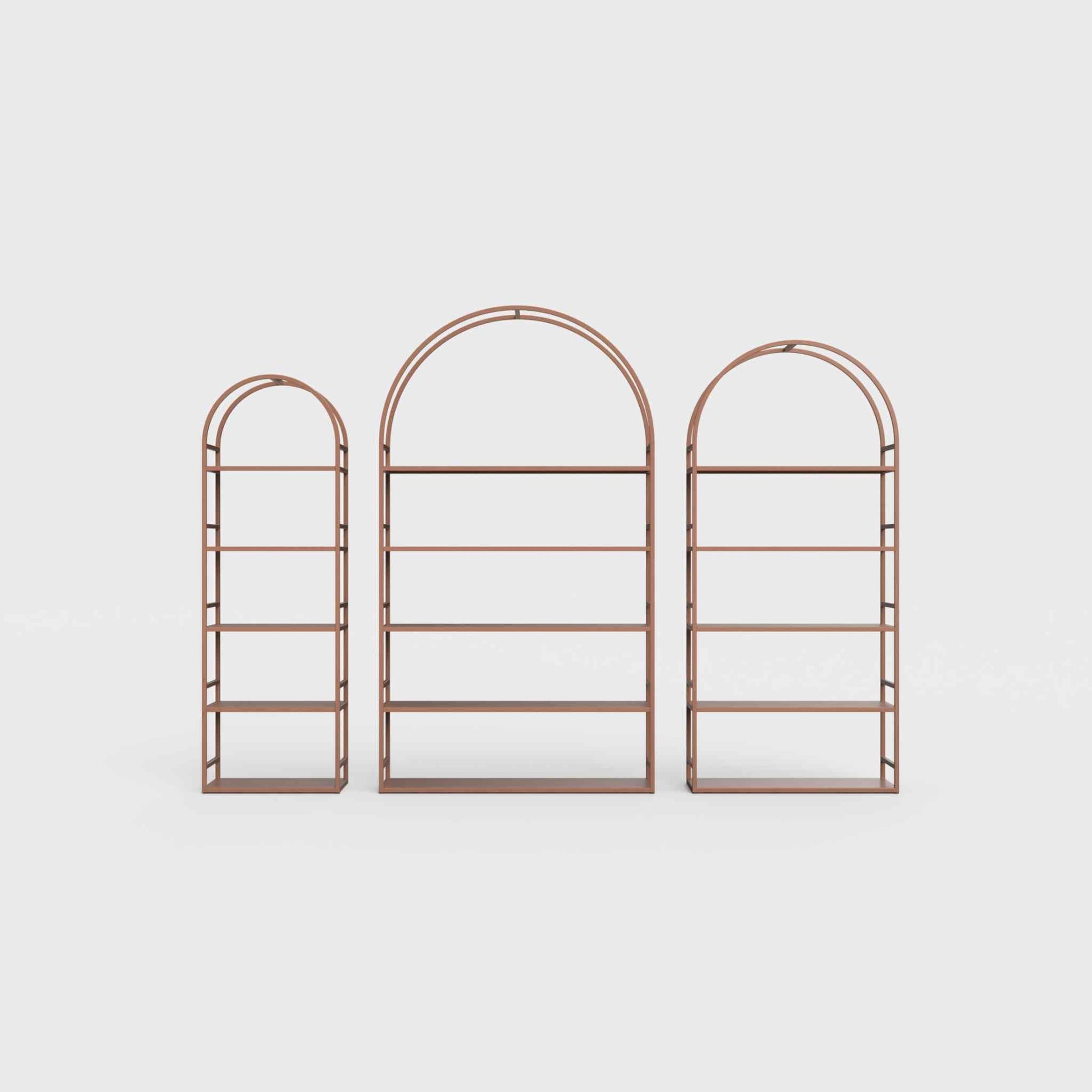 Arched bookcase Arkada, available in Switzerland through ÉTAUDORÉ, made from highest quality powdered coated steel in terracotta brown-orange color