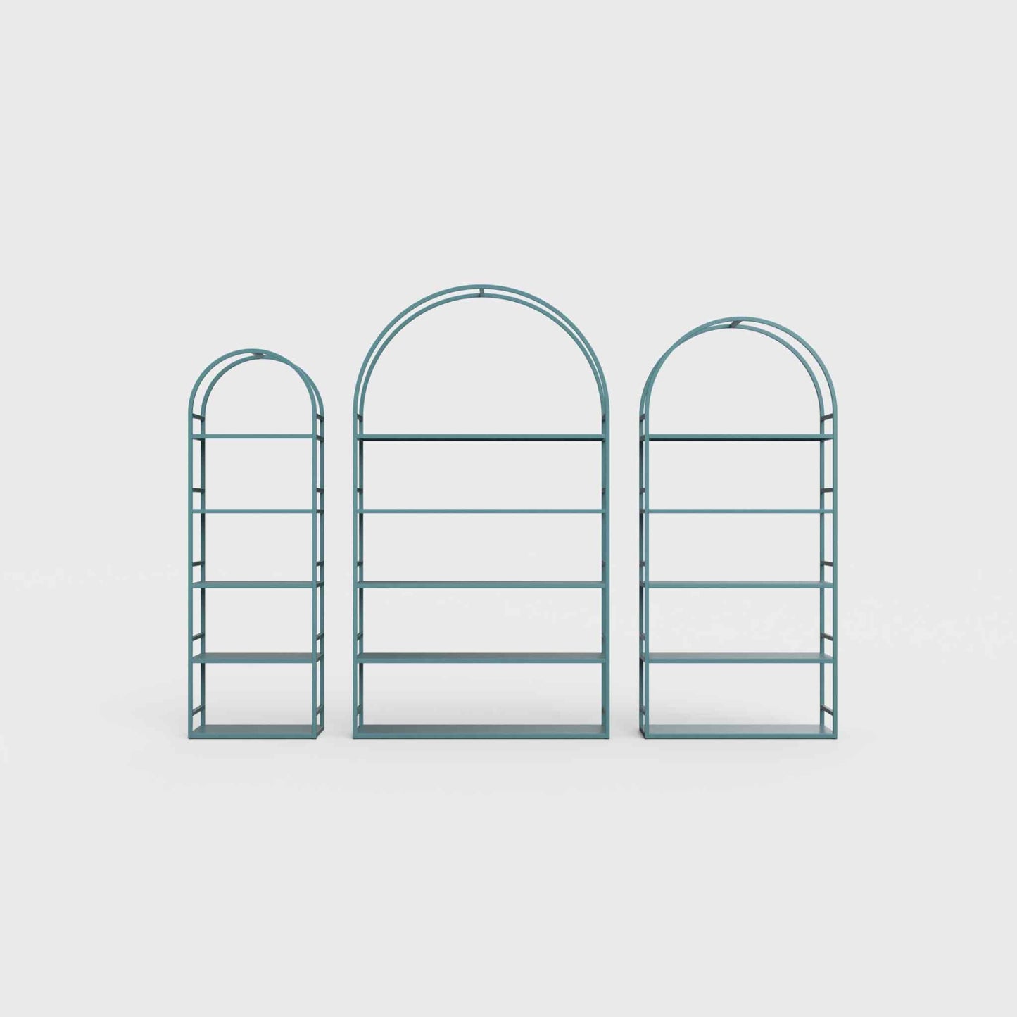 Arched bookcase Arkada, available in Switzerland through ÉTAUDORÉ, made from highest quality powdered coated steel in turquoise blue-green color