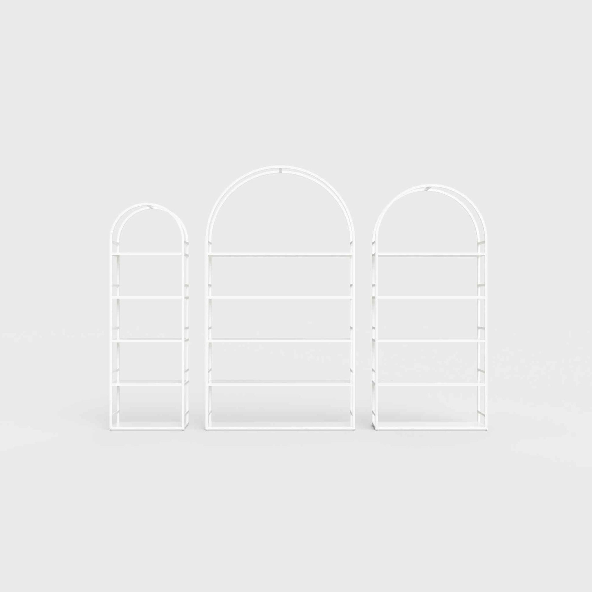 Arched bookcase Arkada, available in Switzerland through ÉTAUDORÉ, made from highest quality powdered coated steel in white
