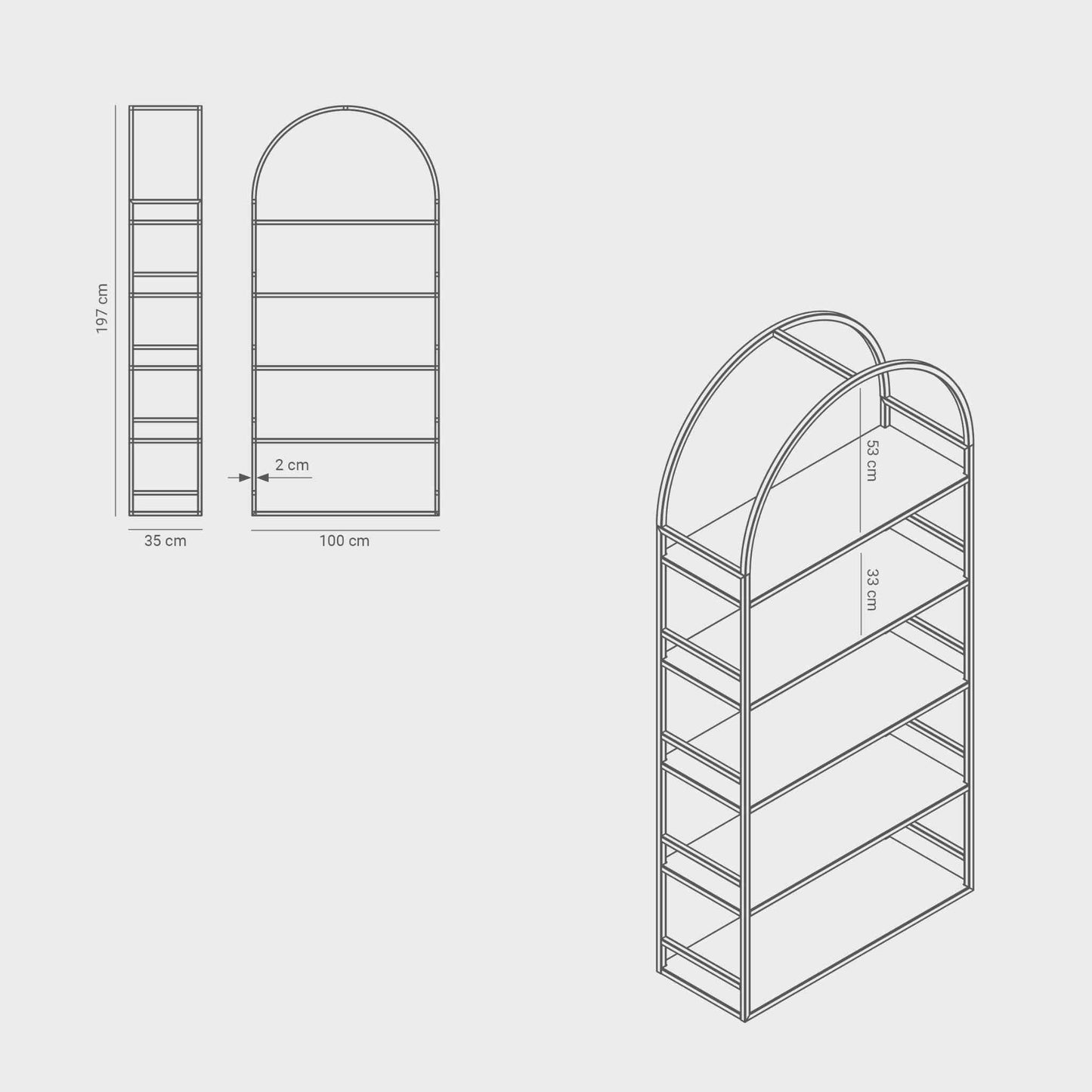 Measurements of the arched bookcase Arkada 02, available in Switzerland through ÉTAUDORÉ, made from highest quality powdered coated steel in white