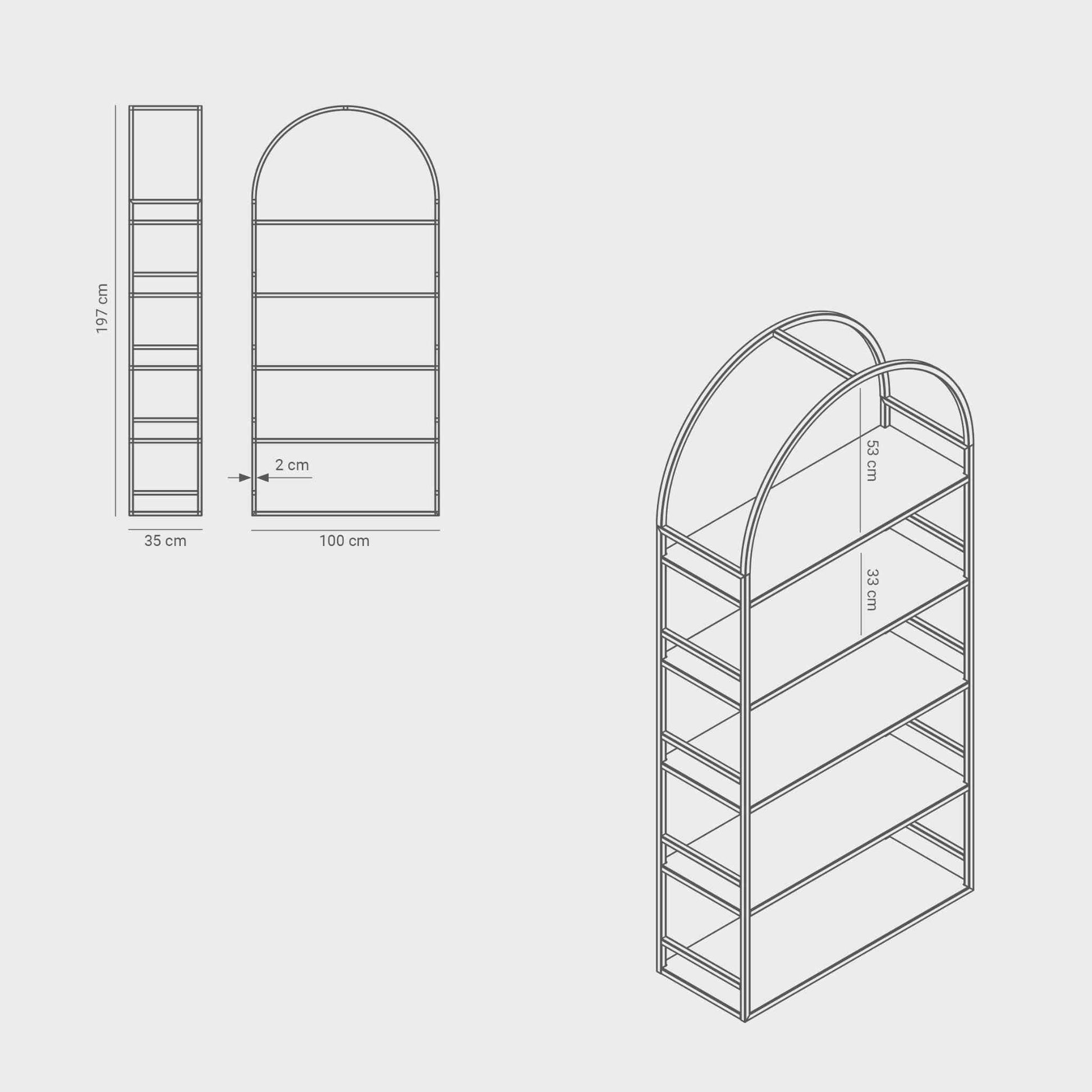 Measurements of the arched bookcase Arkada 02, available in Switzerland through ÉTAUDORÉ, made from highest quality powdered coated steel in white