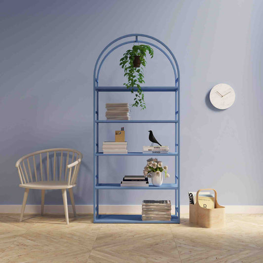 Interior arrangemenet with the arched bookcase Arkada 02, available in Switzerland through ÉTAUDORÉ, made from highest quality powdered coated steel in white