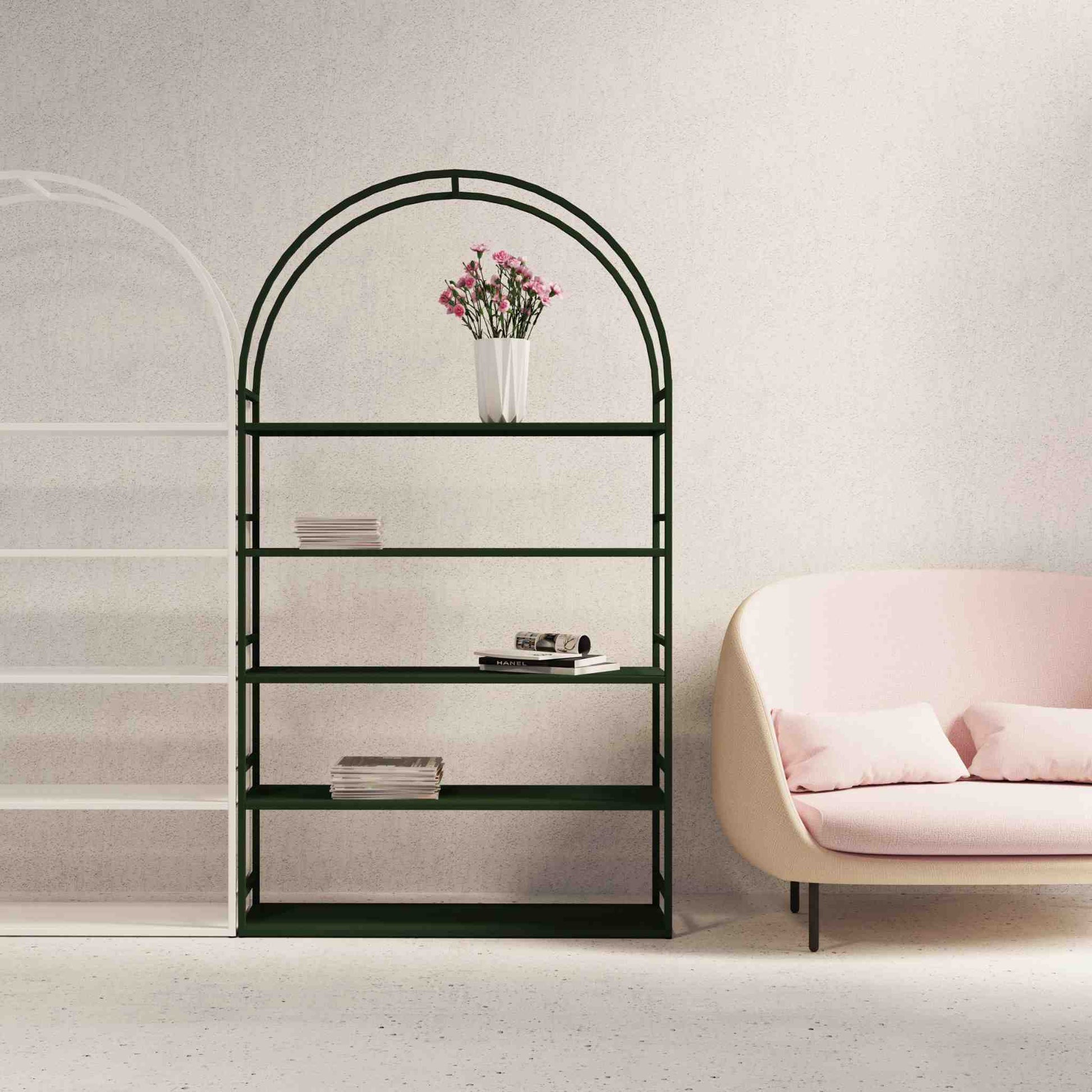 Interior arrangemenet with the arched bookcase Arkada 03, available in Switzerland through ÉTAUDORÉ, made from highest quality powdered coated steel in white