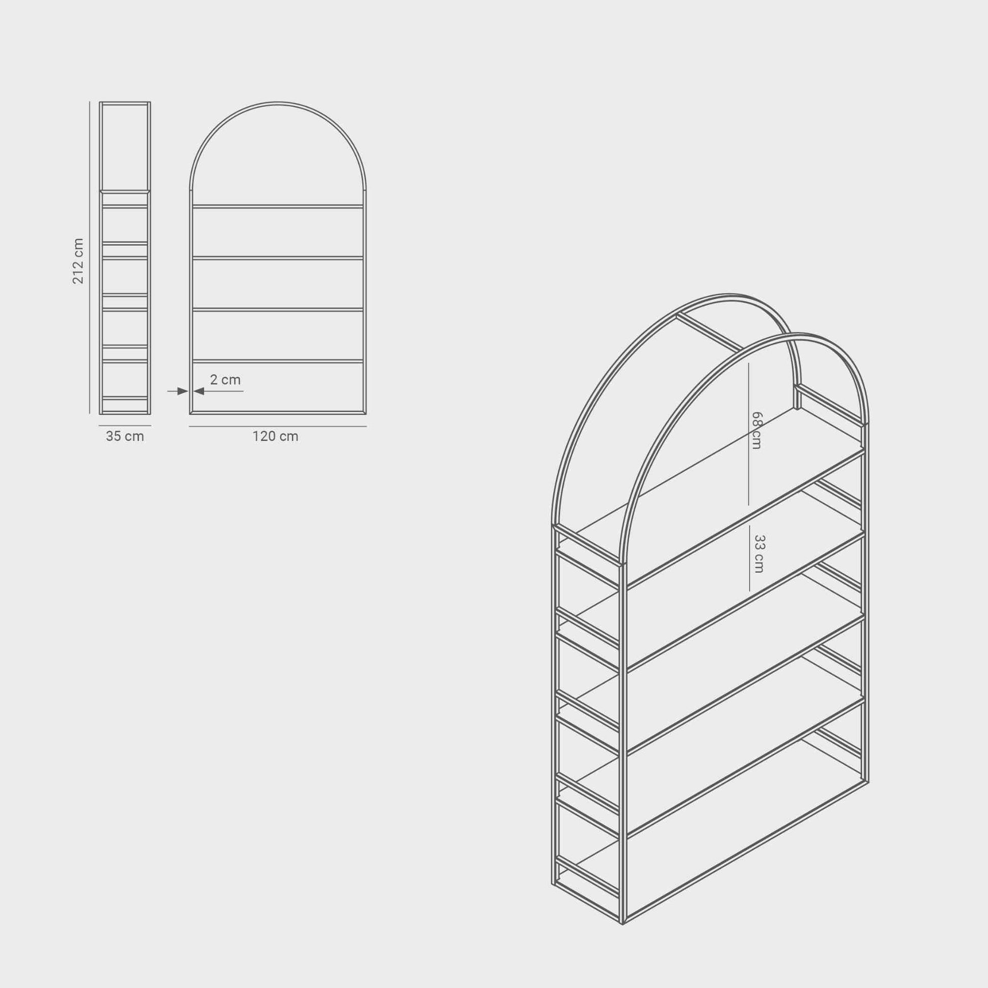 Measurements of the arched bookcase Arkada 03, available in Switzerland through ÉTAUDORÉ, made from highest quality powdered coated steel in white