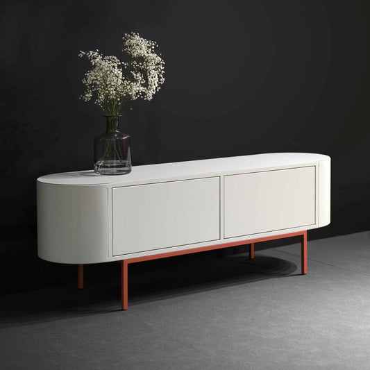 Curved Desiva Enna 01 lowboard in white steel with brick orange color legs, available in Switzerland via ÉTAUDORÉ