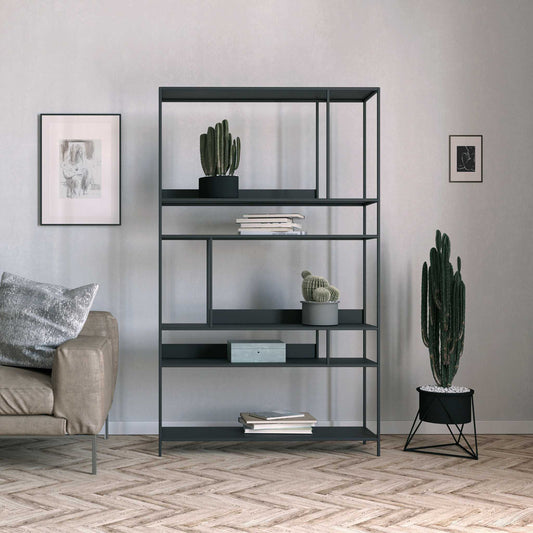 Interior arrangement with the ÉTAUDORÉ Floks 01 powder coated steel bookcase in black