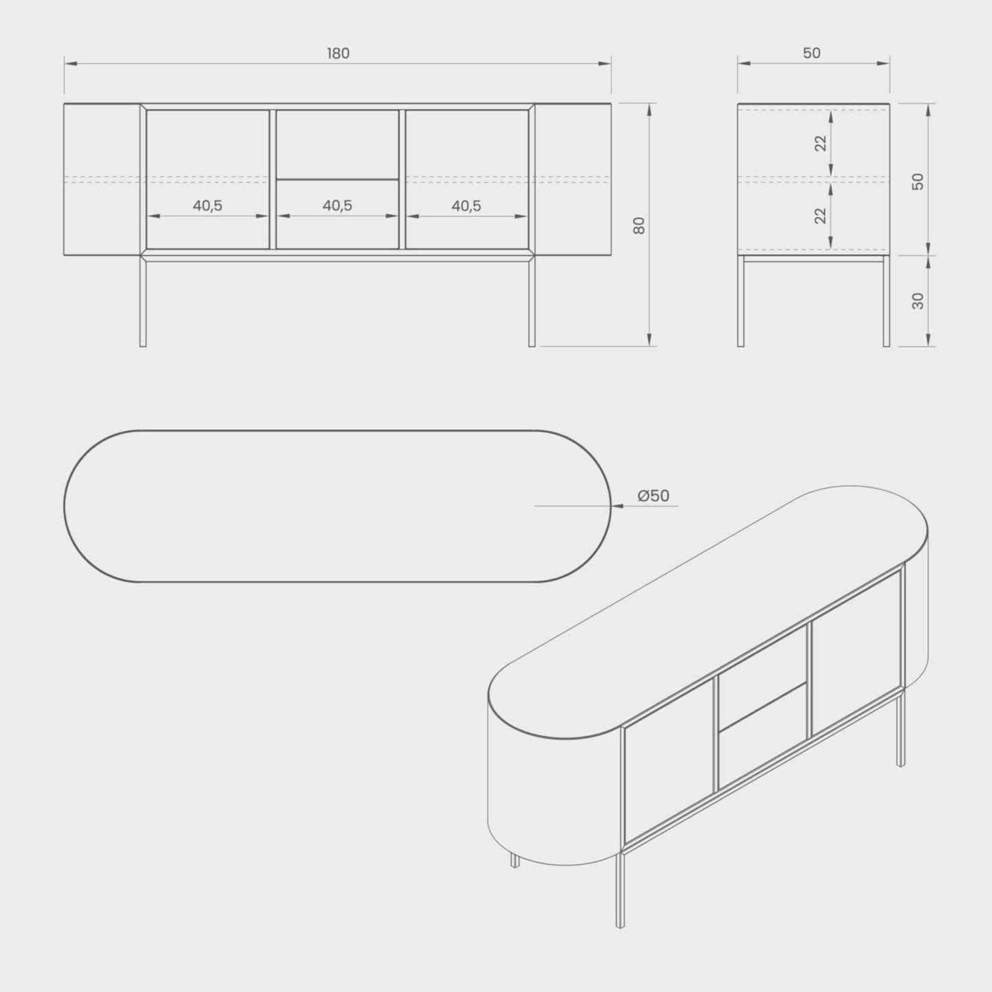 Technical drawing of the ÉTAUDORÉ Desiva Lumia 01 sideboard with dimensions