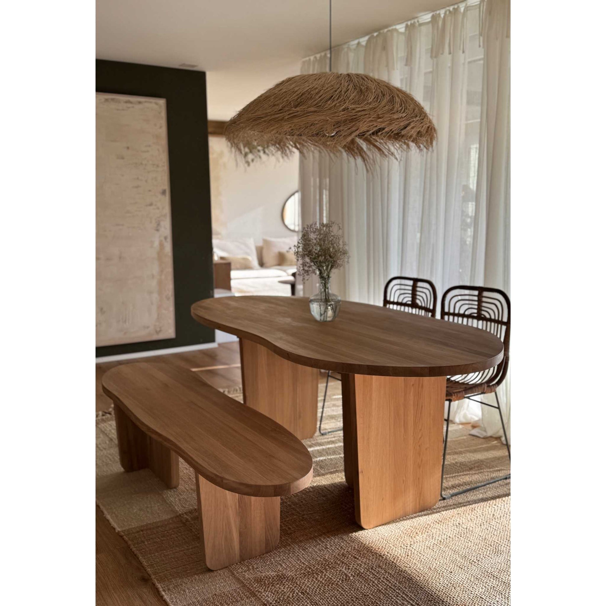 The ÉTAUDORÉ & Our Wabi Sabi Home Agatemma Table and Bench Set, featuring an organic shape crafted from solid oak wood