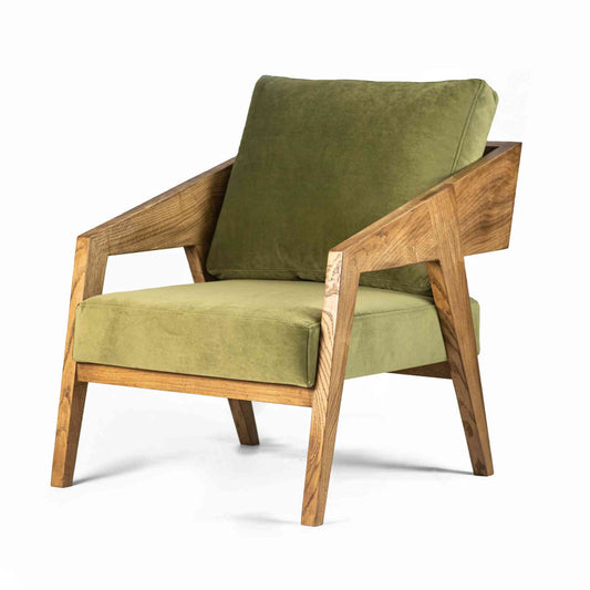 ÉTAUDORÉ Parsenn Armchair in solid oak wood with high quality olive green color upholstery - front view