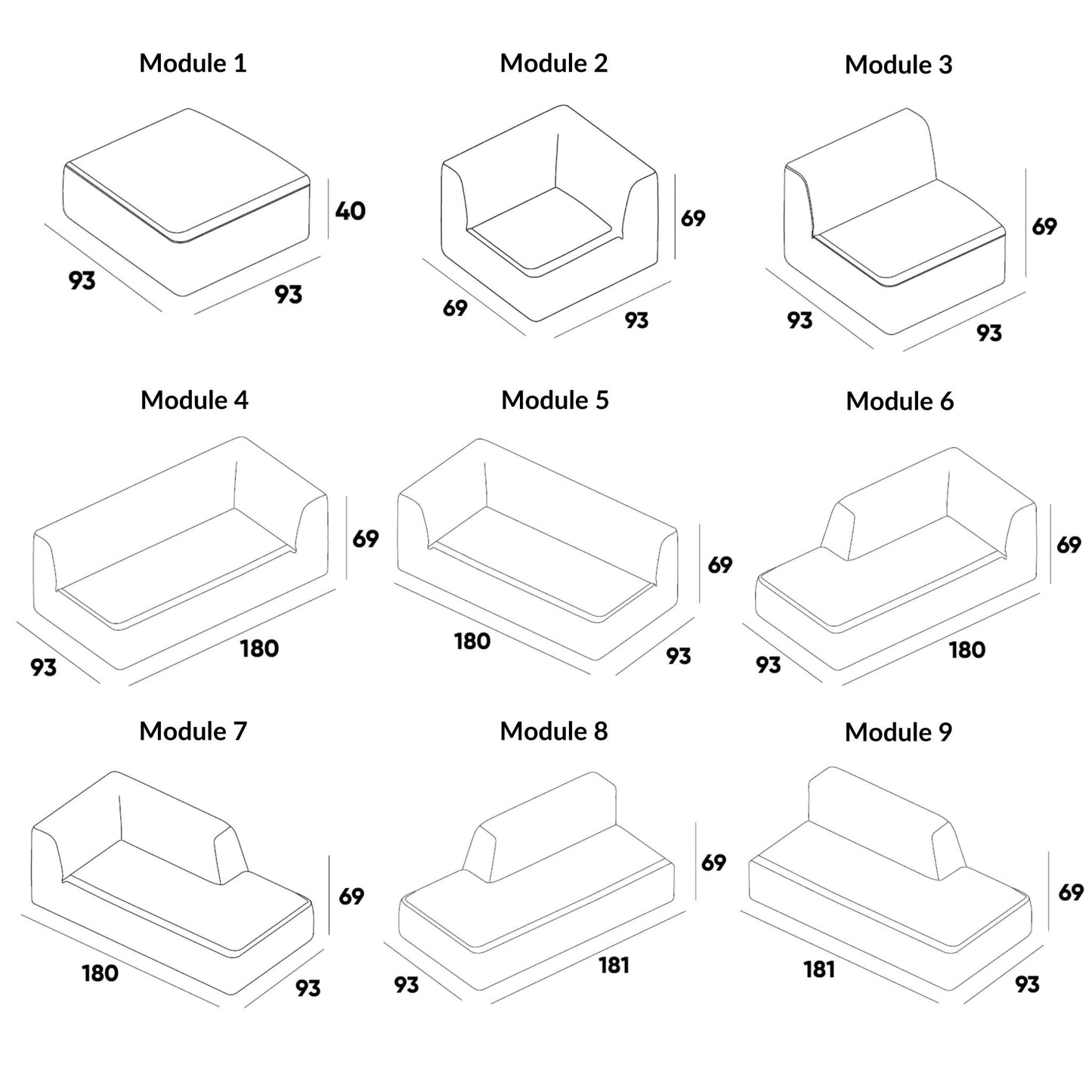 Overview of modules of the ÉTAUDORÉ Saane modular sofa