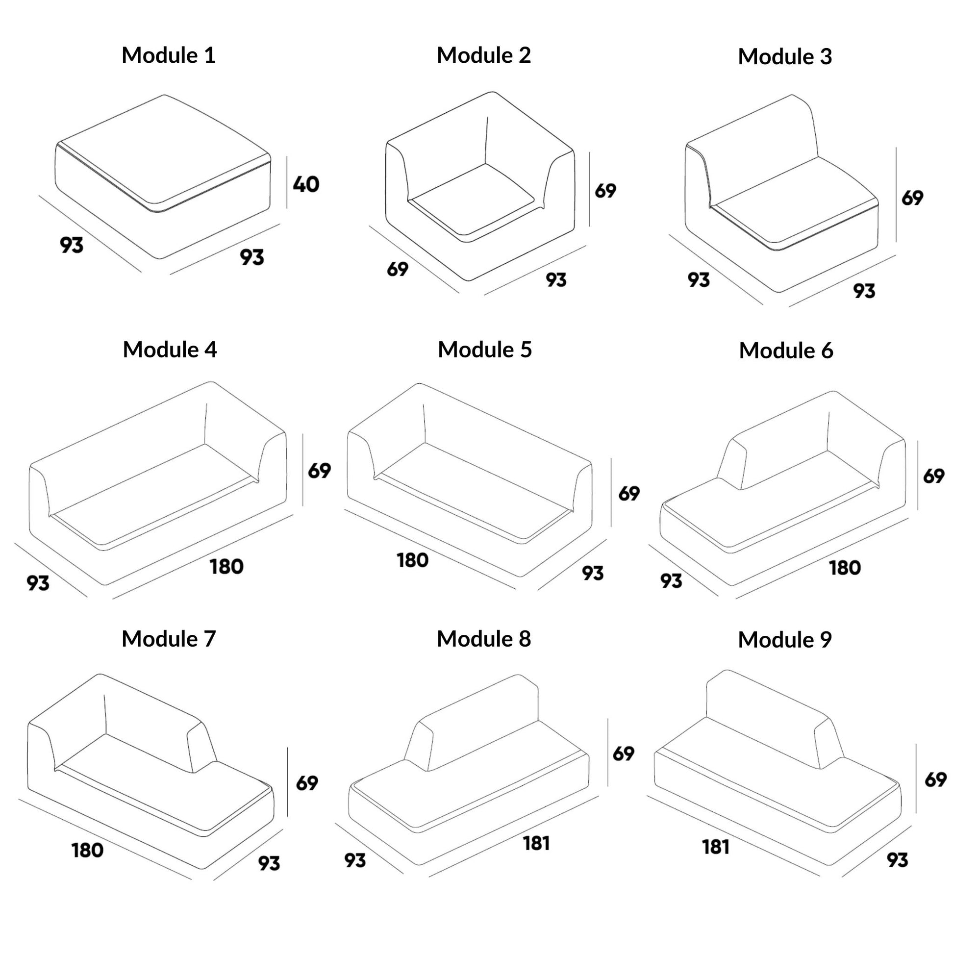 Overview of modules of the ÉTAUDORÉ Saane modular sofa