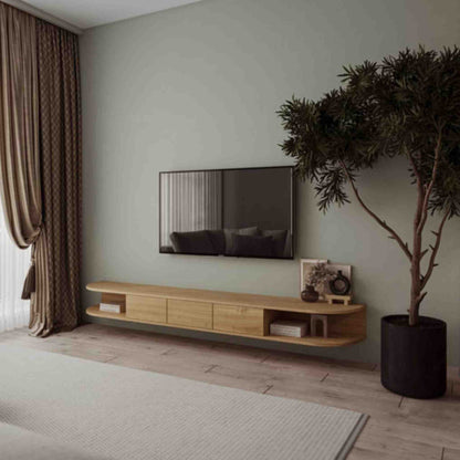 ÉTAUDORÉ San Salvatore wall mounted TV cabinet with two rounded edges, made to order from solid oak wood